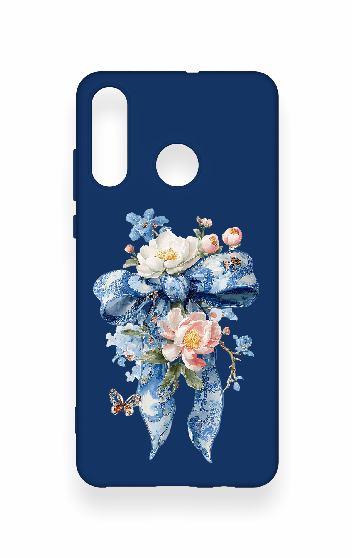 Huawei P30 Lite Uyumlu Mavi Kurdeleli Çiçek Desenli Silikon Kılıf