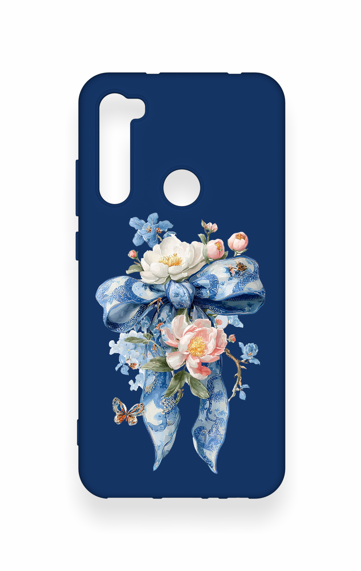 Redmi Note 8 Uyumlu Mavi Kurdeleli Çiçek Desenli Silikon Kılıf