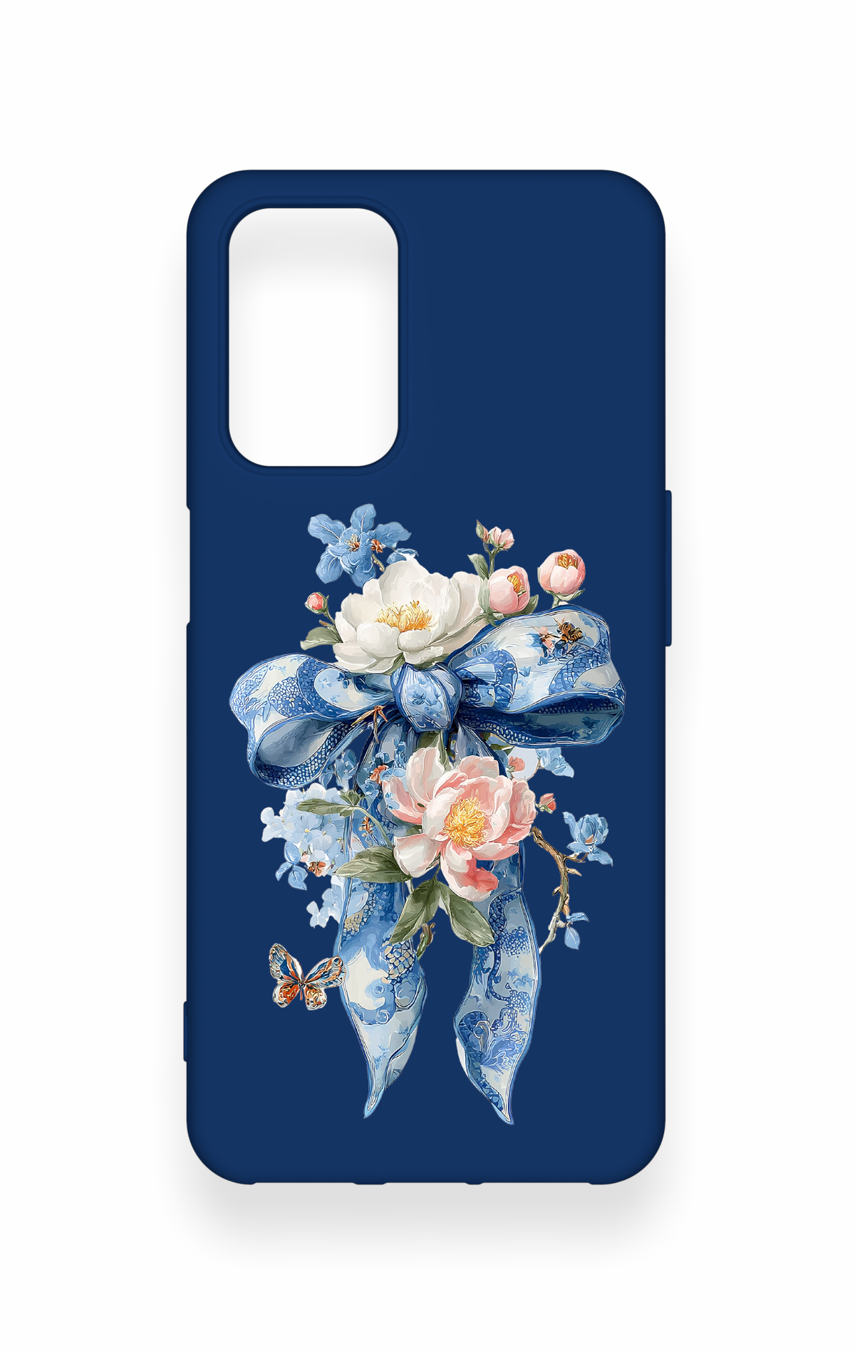Oppo A54 Uyumlu Mavi Kurdeleli Çiçek Desenli Silikon Kılıf