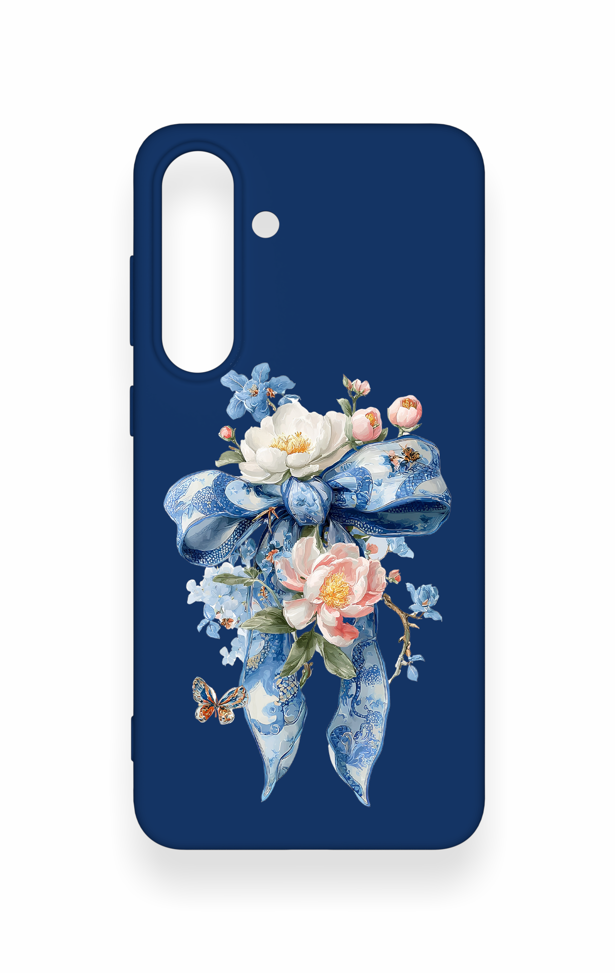 Samsung S25Fe Uyumlu Mavi Kurdeleli Çiçek Desenli Silikon Kılıf