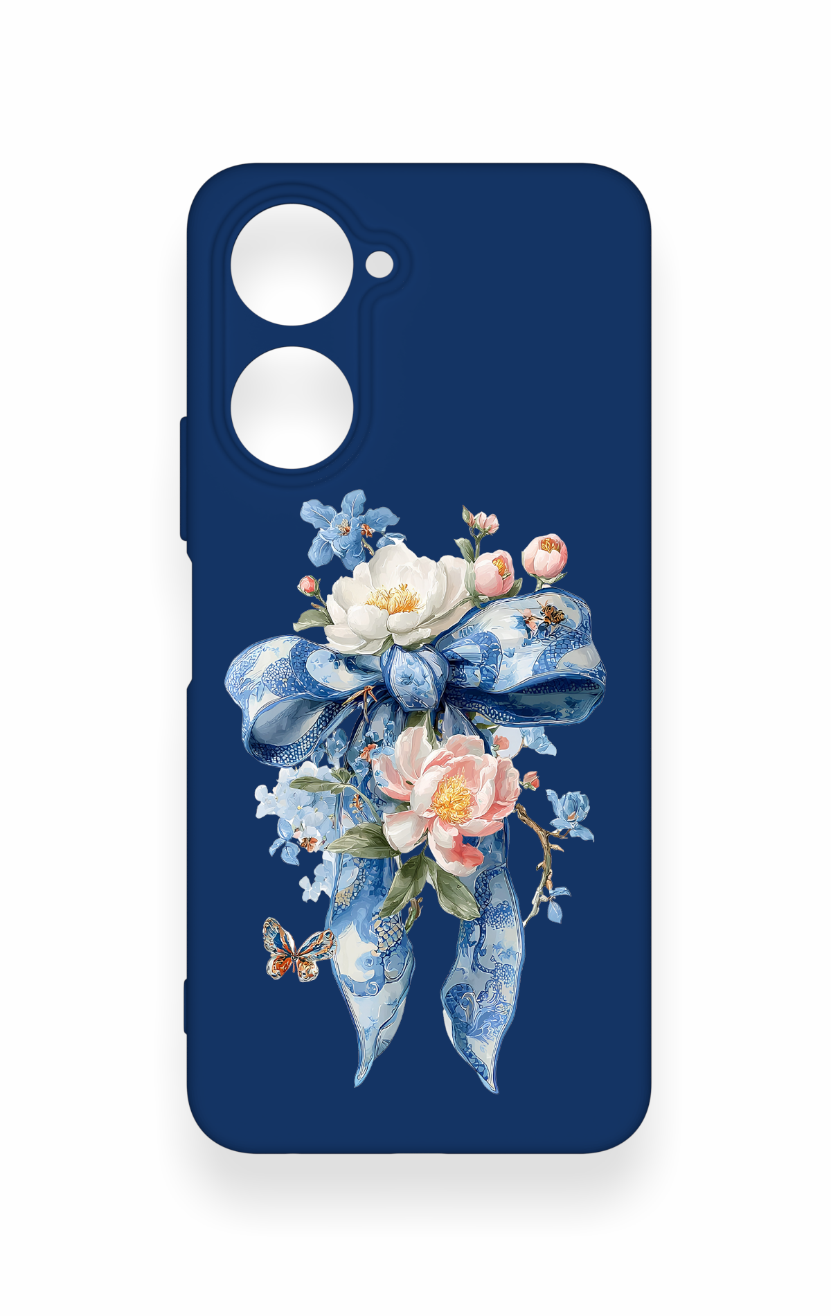 Vivo Y18 Uyumlu Mavi Kurdeleli Çiçek Desenli Silikon Kılıf