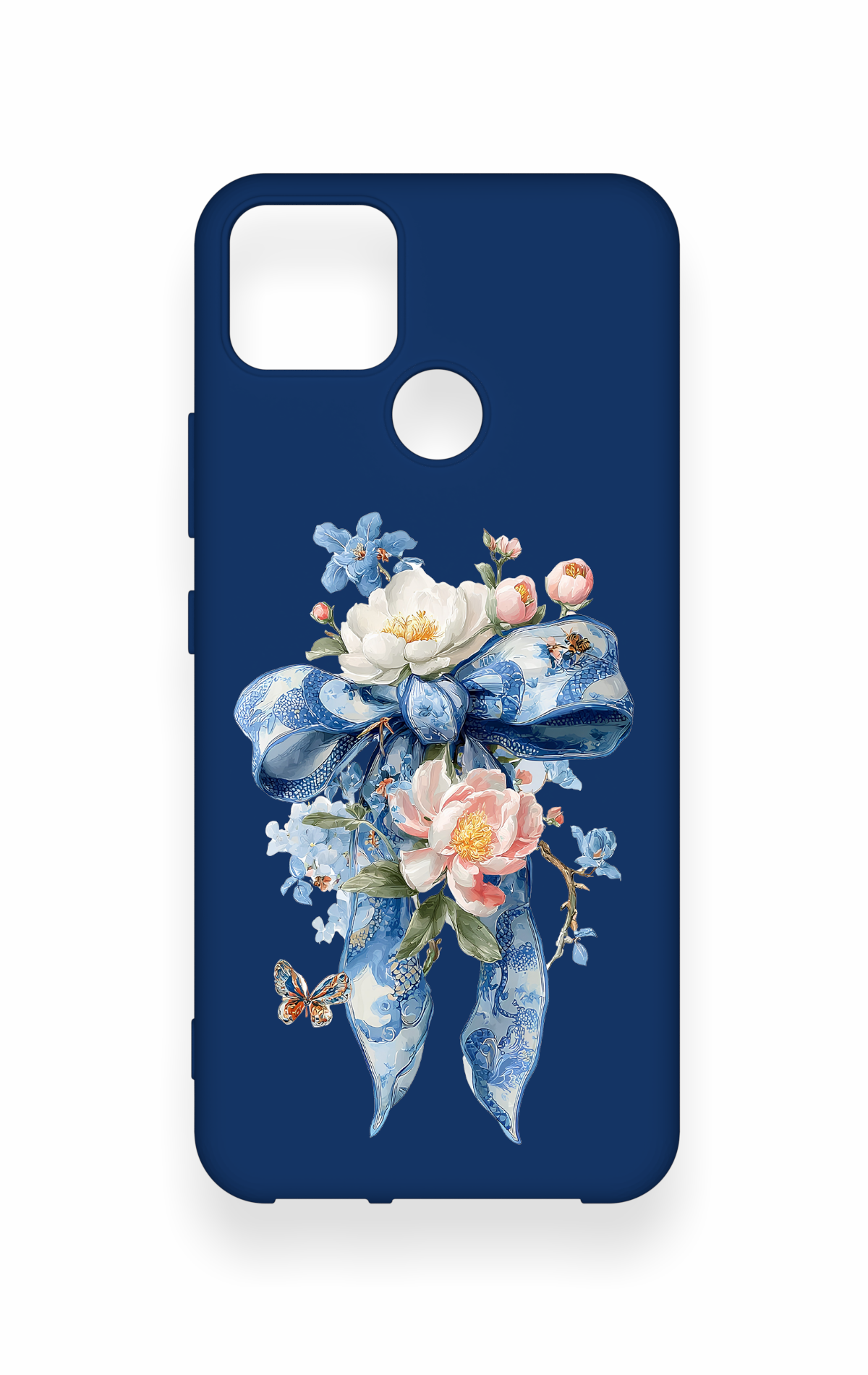 Realme C25 Uyumlu Mavi Kurdeleli Çiçek Desenli Silikon Kılıf