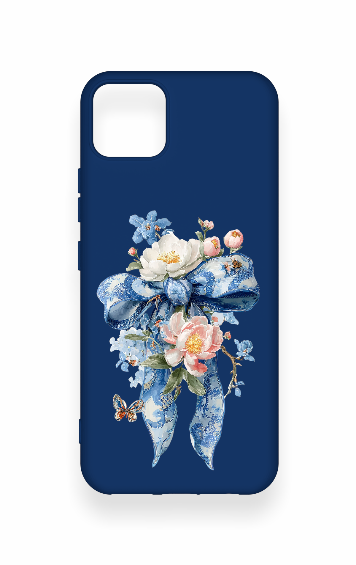 Realme C11 2021 Uyumlu Mavi Kurdeleli Çiçek Desenli Silikon Kılıf