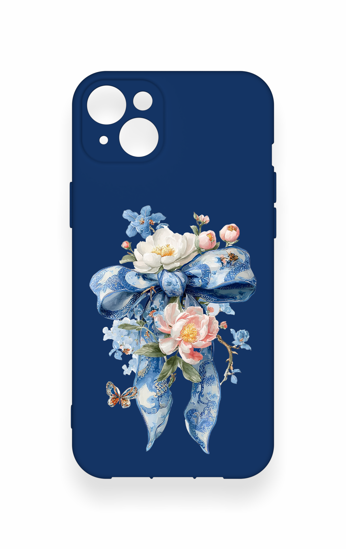 iPhone 14 Plus/15 Plus Uyumlu Mavi Kurdeleli Çiçek Desenli Silikon Kılıf