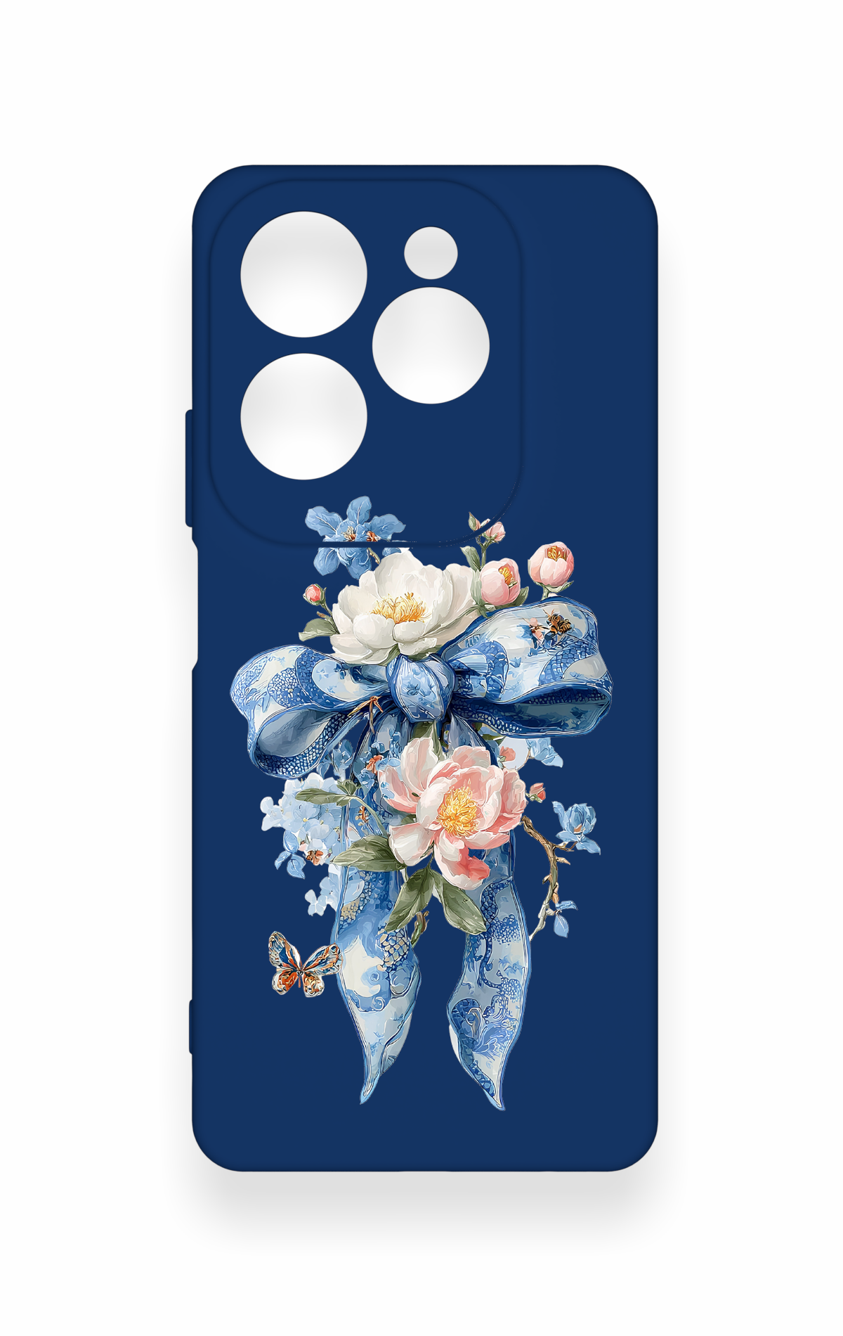 İnfinix Hot 40 Pro Uyumlu Mavi Kurdeleli Çiçek Desenli Silikon Kılıf
