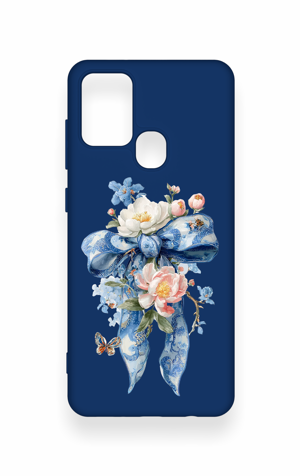 Samsung A21S Uyumlu Mavi Kurdeleli Çiçek Desenli Silikon Kılıf