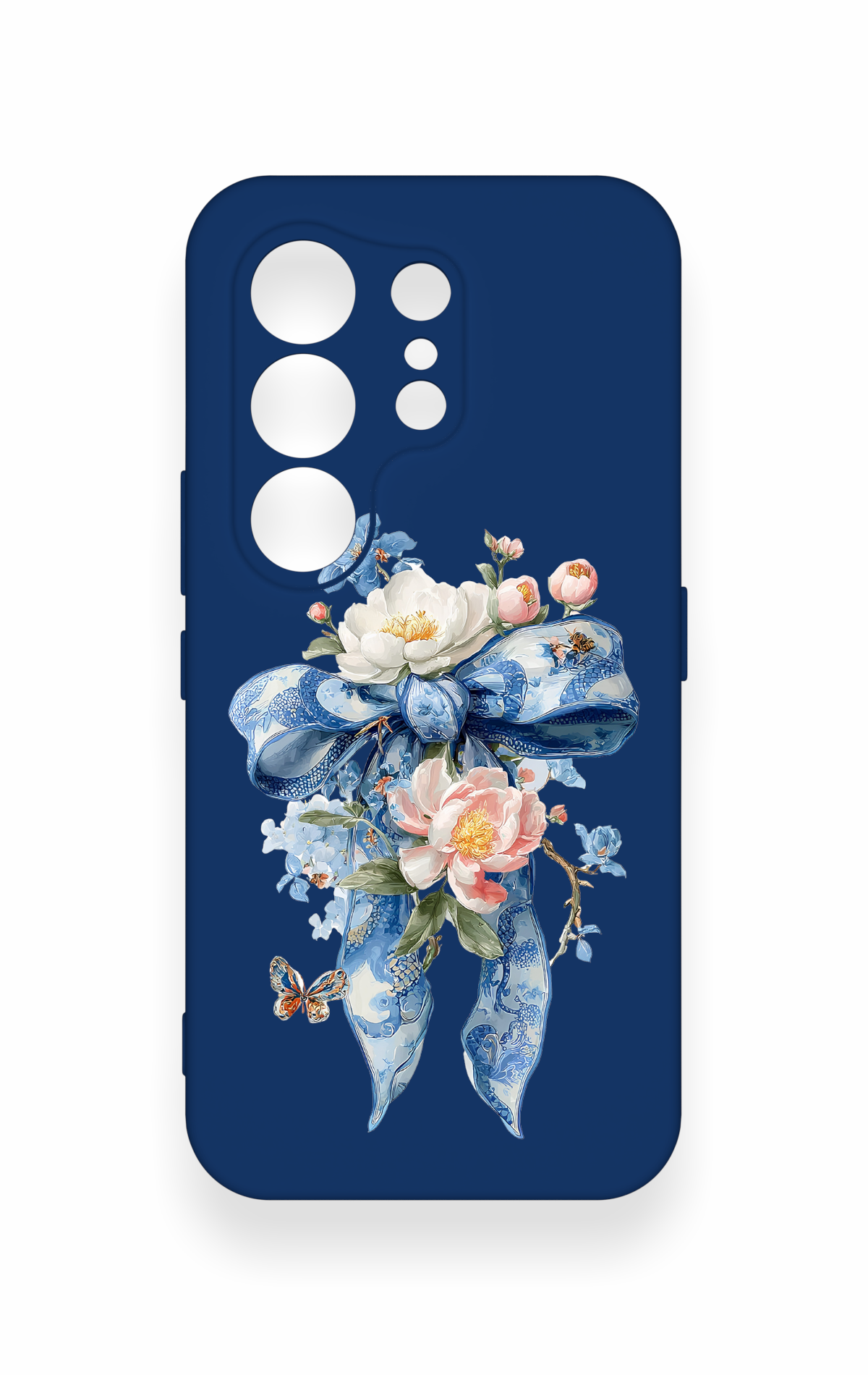Tecno Camon 50 4G Uyumlu Mavi Kurdeleli Çiçek Desenli Silikon Kılıf