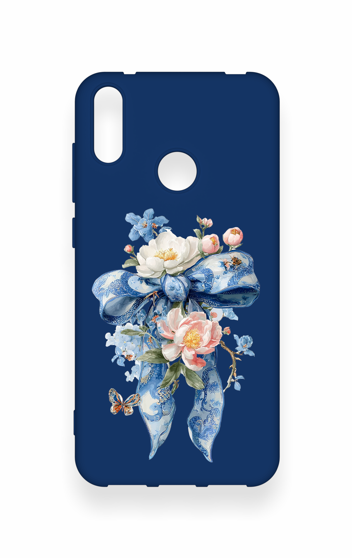 Huawei Y7 2019 Uyumlu Mavi Kurdeleli Çiçek Desenli Silikon Kılıf