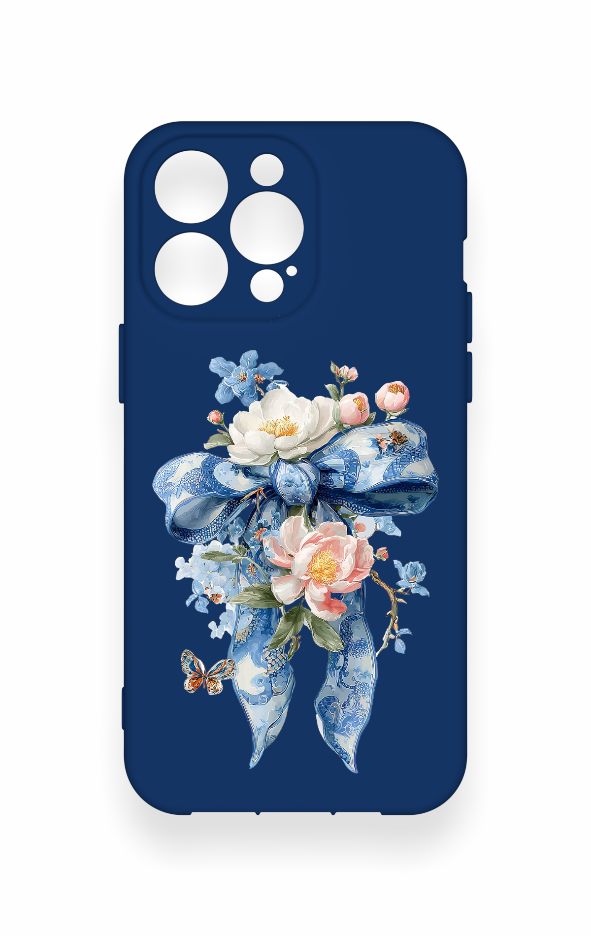iPhone 14 Pro Max Uyumlu Mavi Kurdeleli Çiçek Desenli Silikon Kılıf