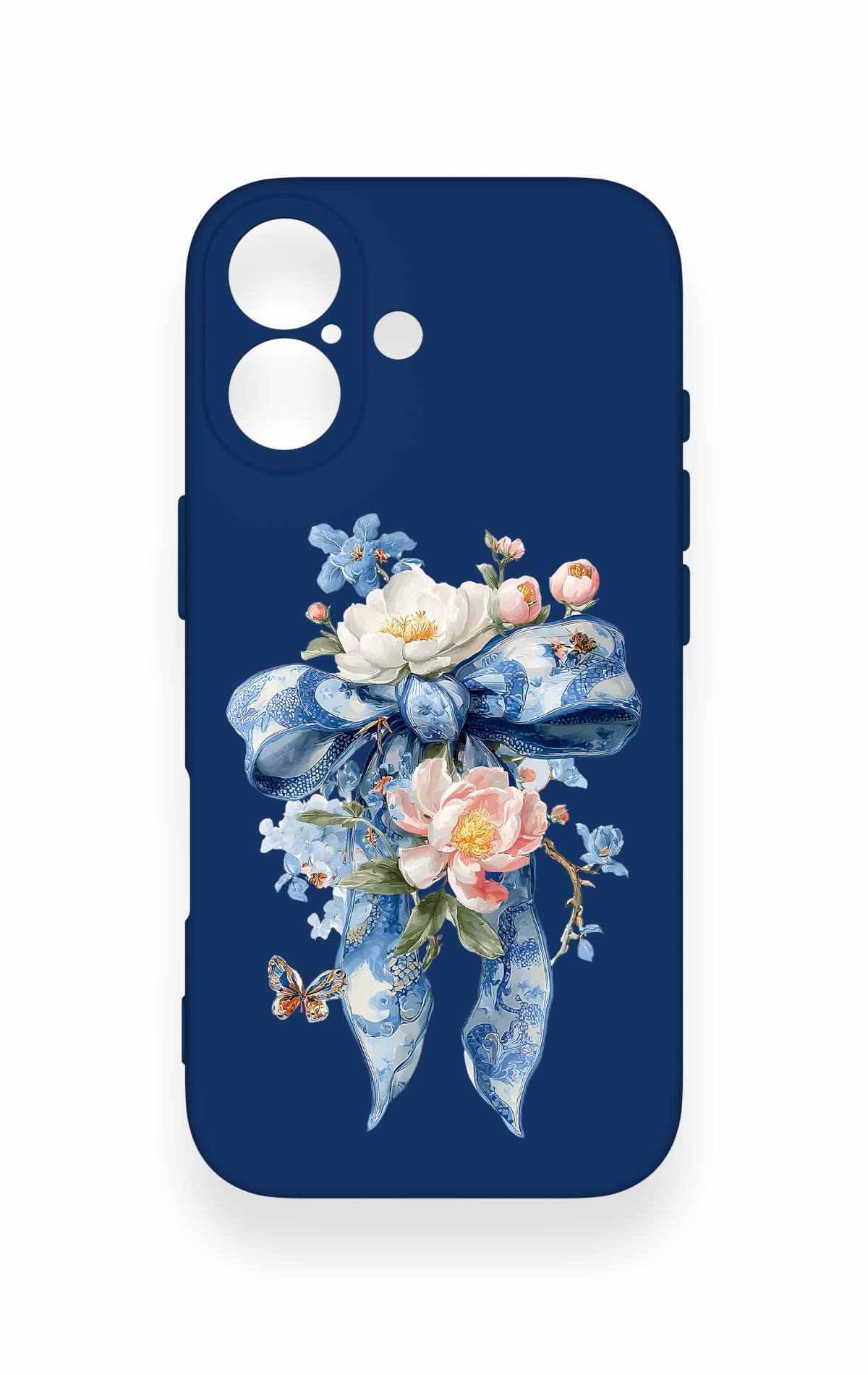 iPhone 17 Uyumlu Mavi Kurdeleli Çiçek Desenli Silikon Kılıf