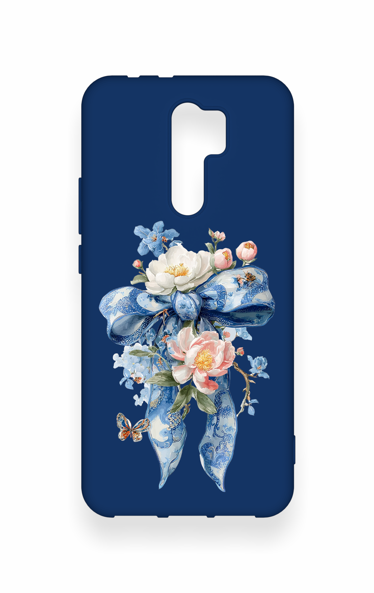 Redmi 9 Uyumlu Mavi Kurdeleli Çiçek Desenli Silikon Kılıf