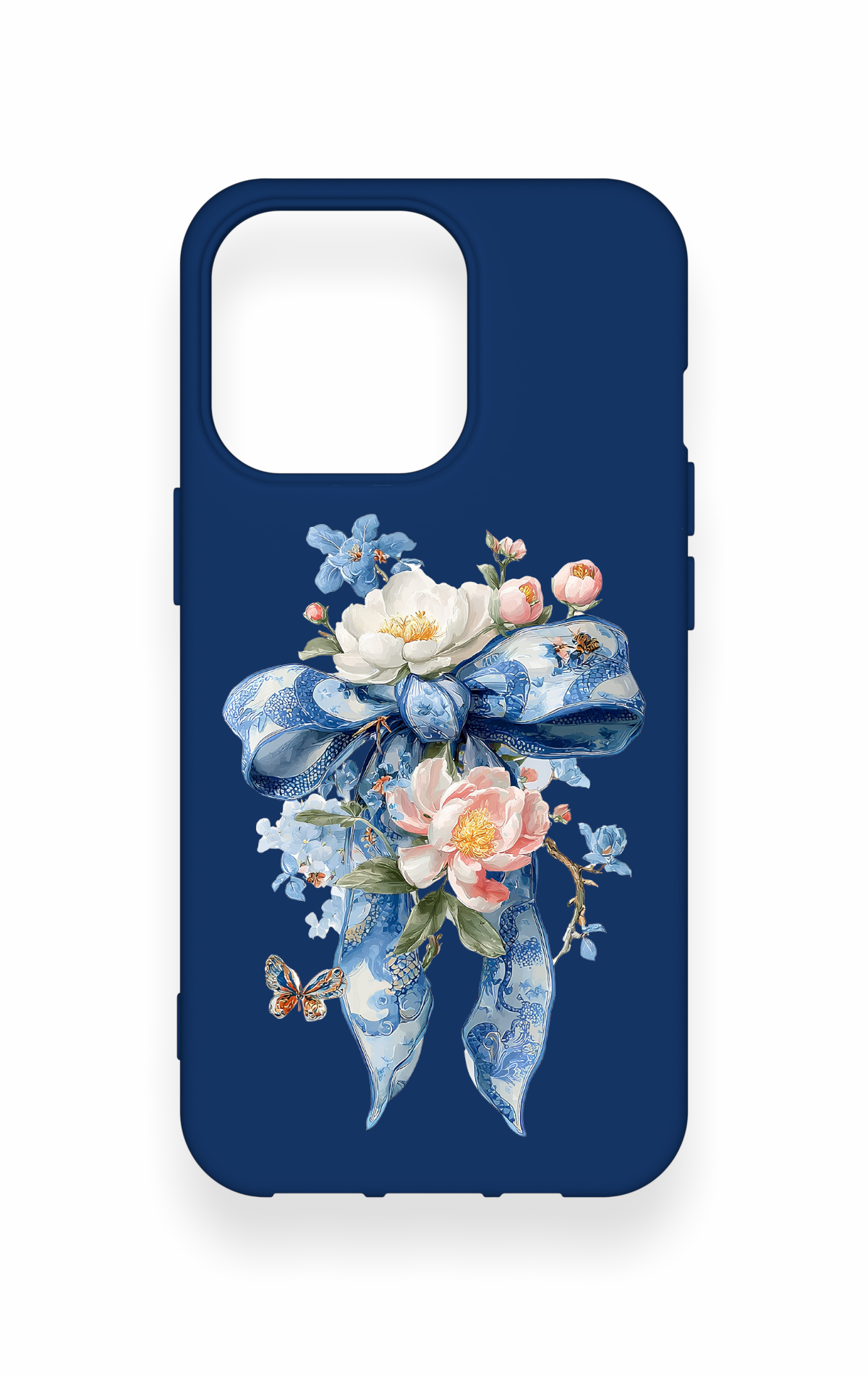 iPhone 13 Pro Uyumlu Mavi Kurdeleli Çiçek Desenli Silikon Kılıf