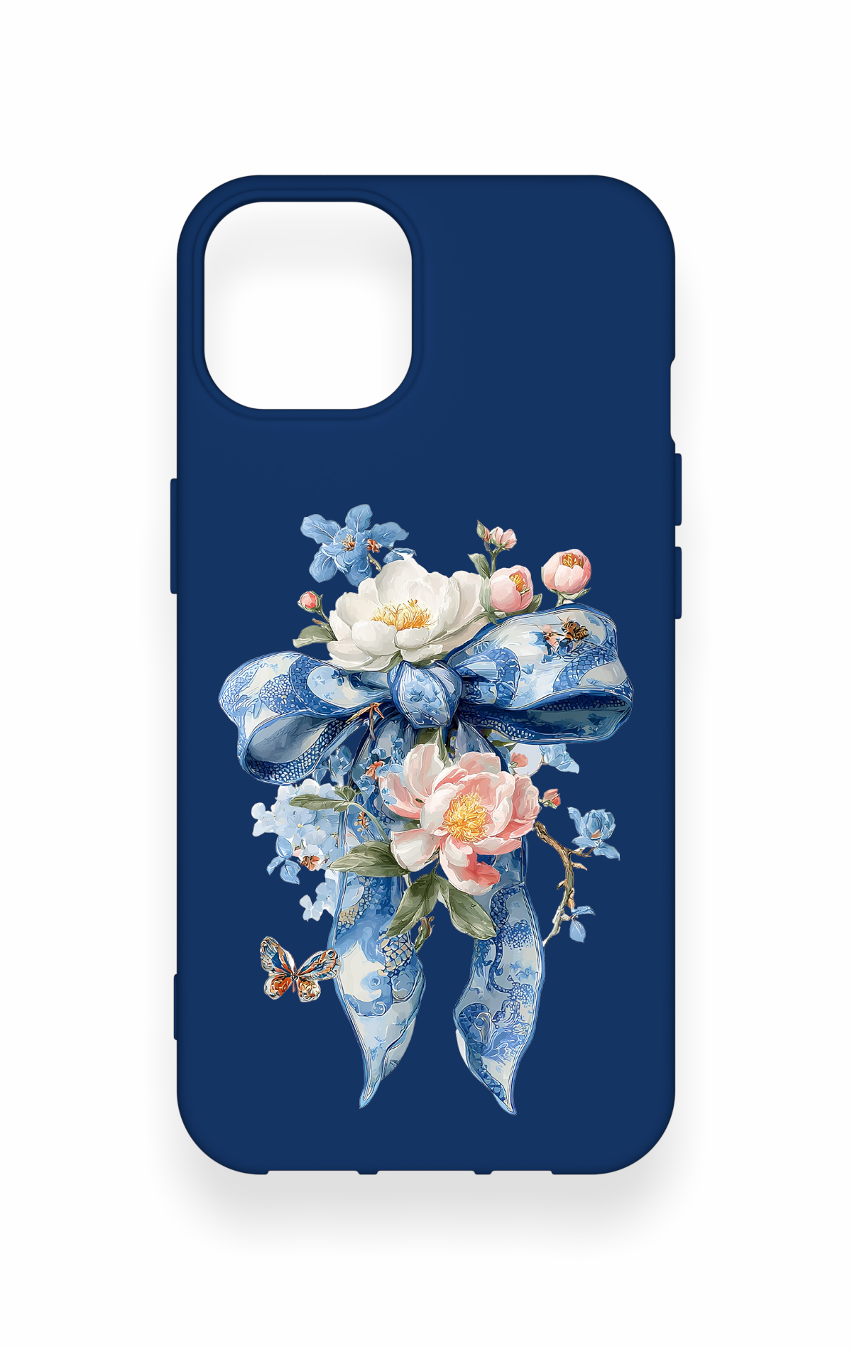 iPhone 14 Uyumlu Mavi Kurdeleli Çiçek Desenli Silikon Kılıf