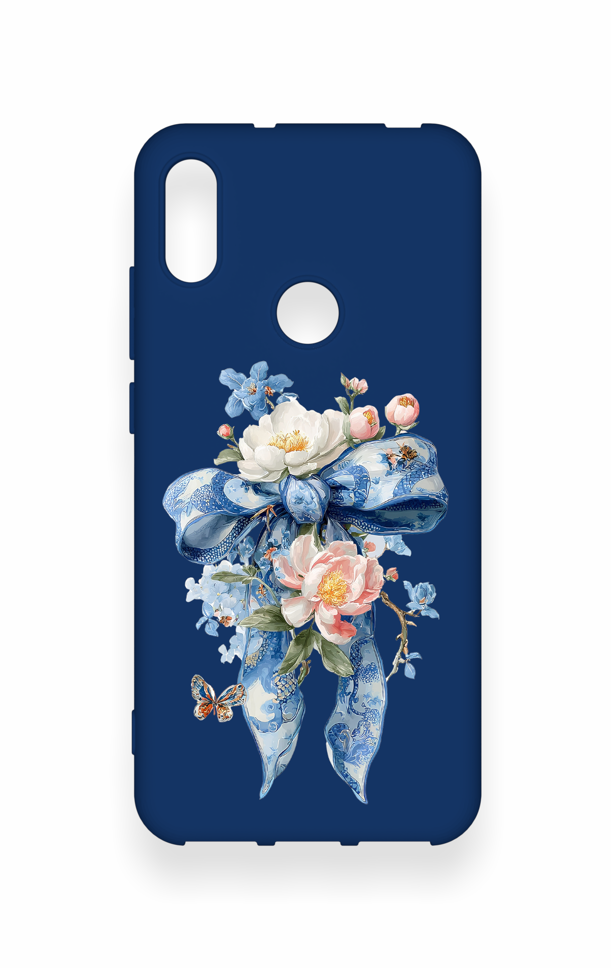 Huawei Y6 2019 Uyumlu Mavi Kurdeleli Çiçek Desenli Silikon Kılıf