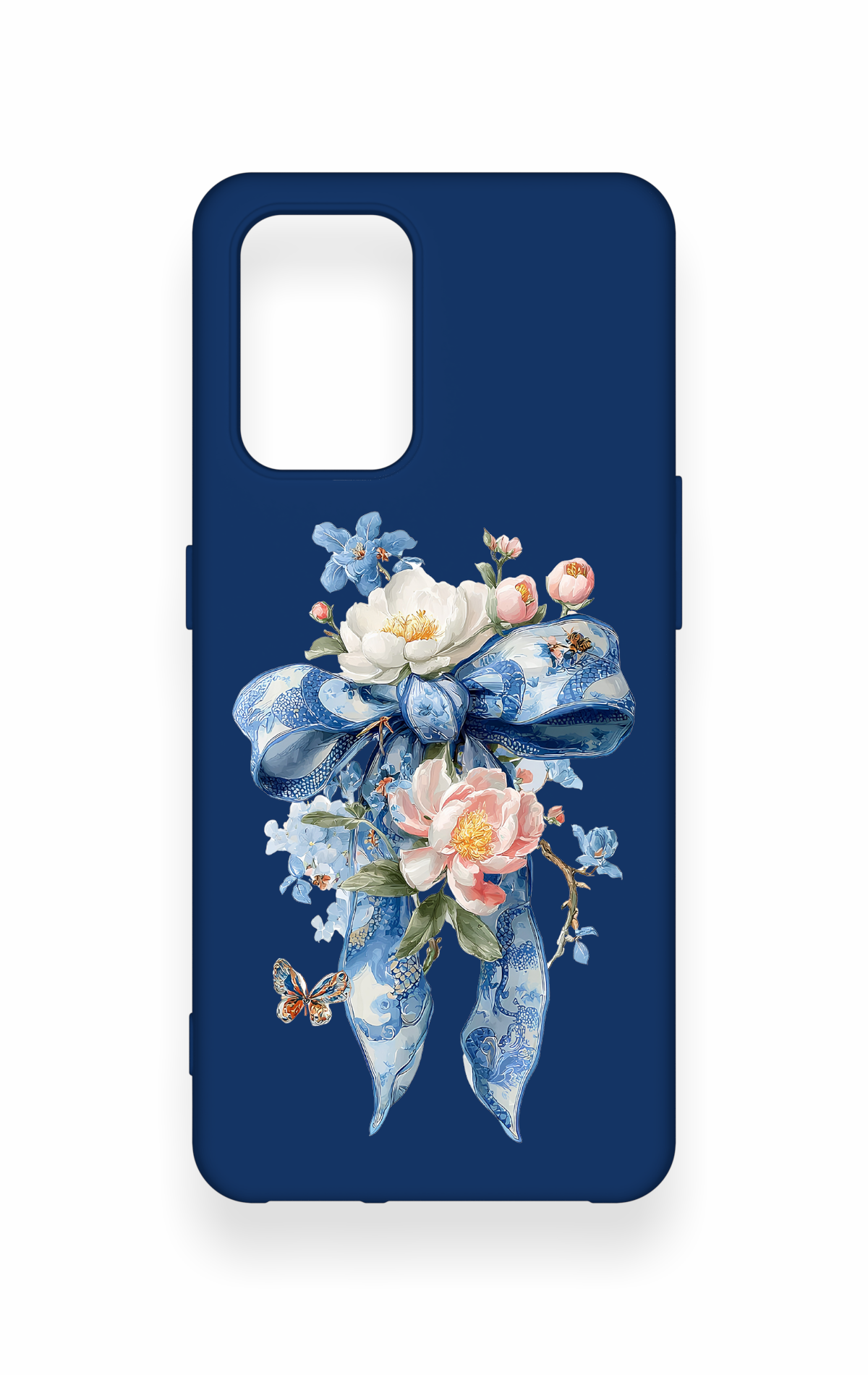 Oppo-A74 Uyumlu Mavi Kurdeleli Çiçek Desenli Silikon Kılıf