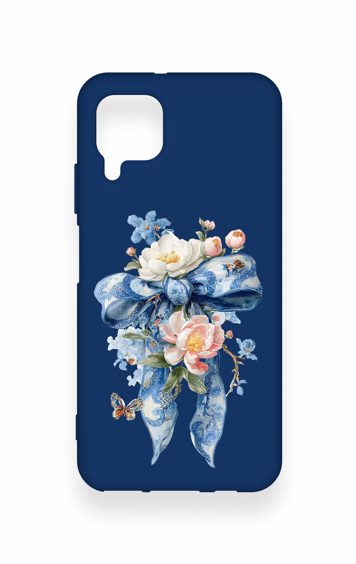 Huawei P40 Lite Uyumlu Mavi Kurdeleli Çiçek Desenli Silikon Kılıf