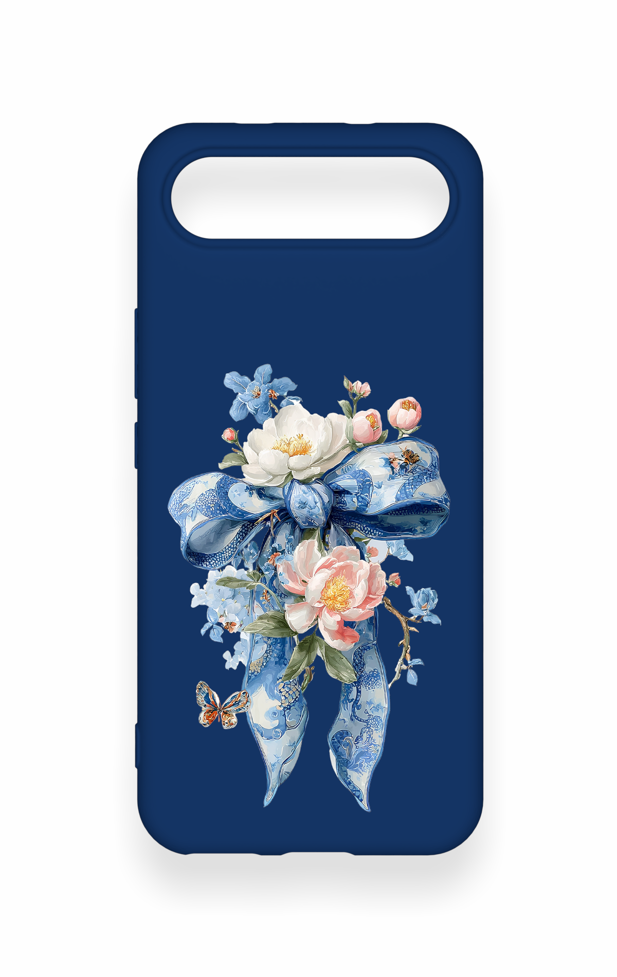 Tecno Spark Slim Uyumlu Mavi Kurdeleli Çiçek Desenli Silikon Kılıf