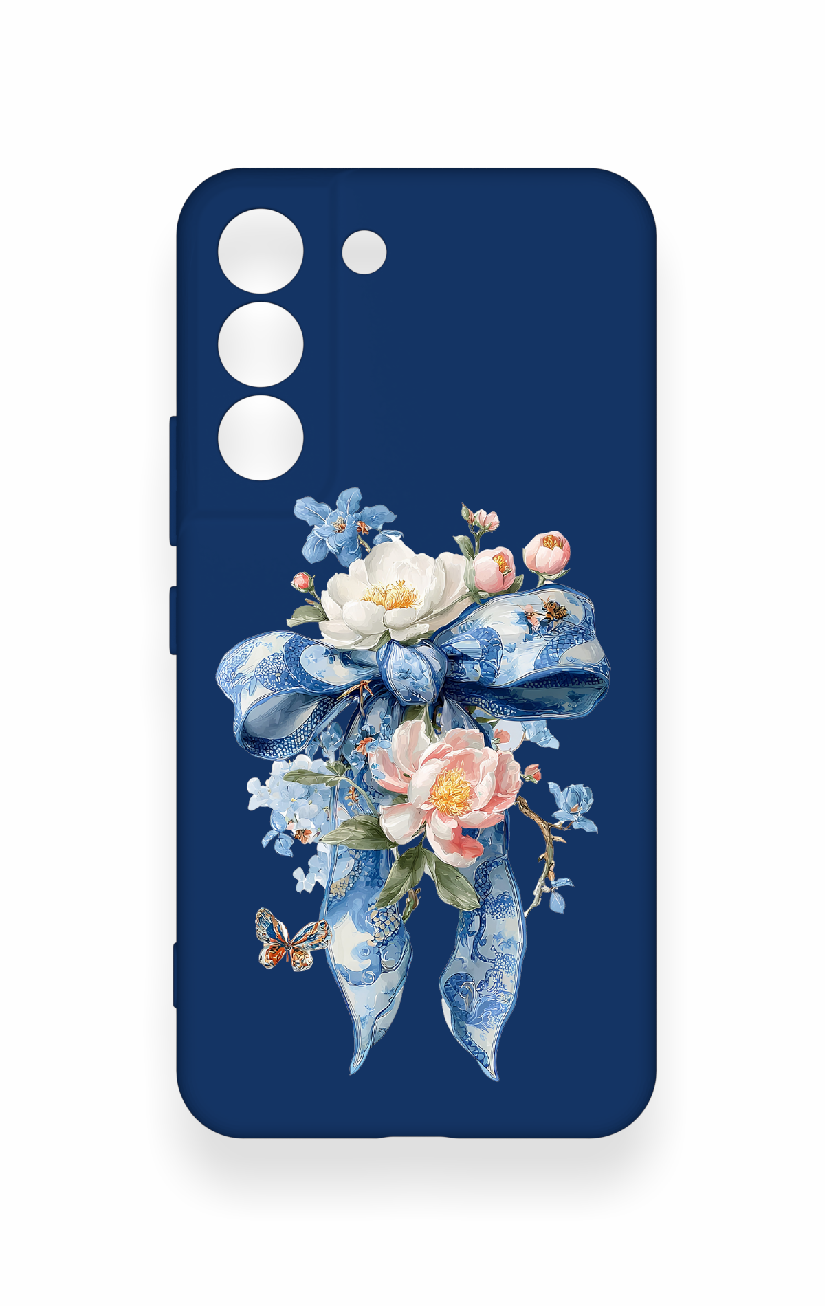Samsung S22 Uyumlu Mavi Kurdeleli Çiçek Desenli Silikon Kılıf