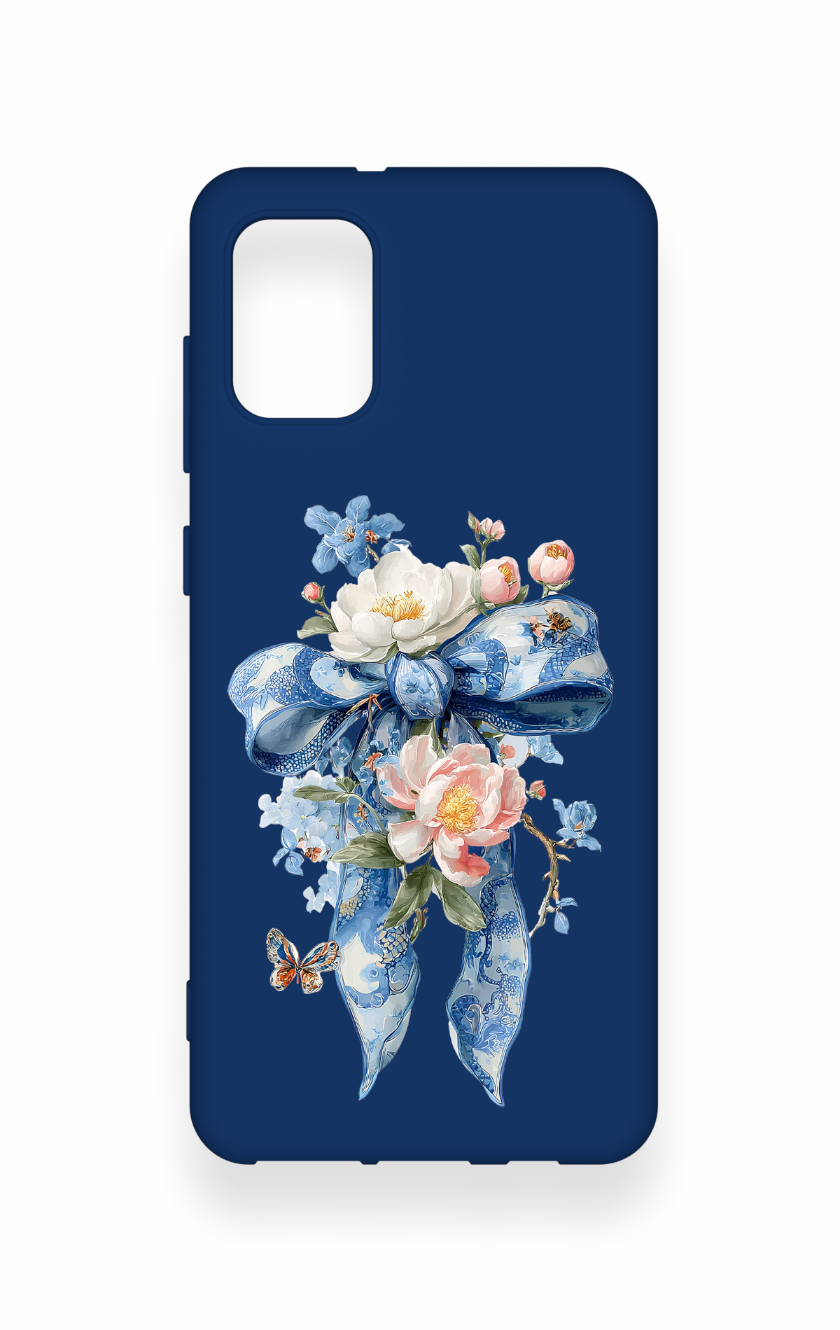 Samsung A31 Uyumlu Mavi Kurdeleli Çiçek Desenli Silikon Kılıf