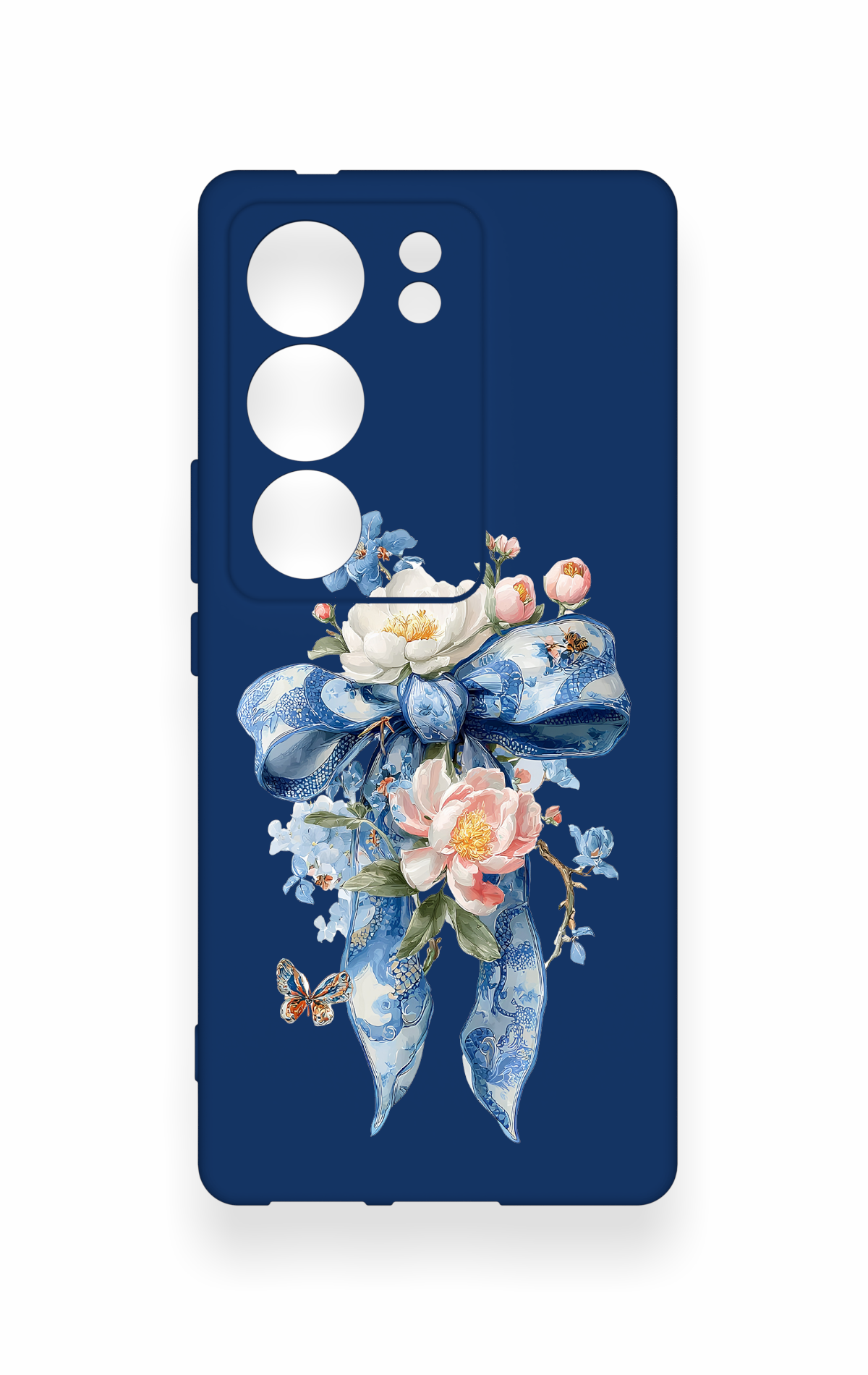 Vivo V29 Uyumlu Mavi Kurdeleli Çiçek Desenli Silikon Kılıf