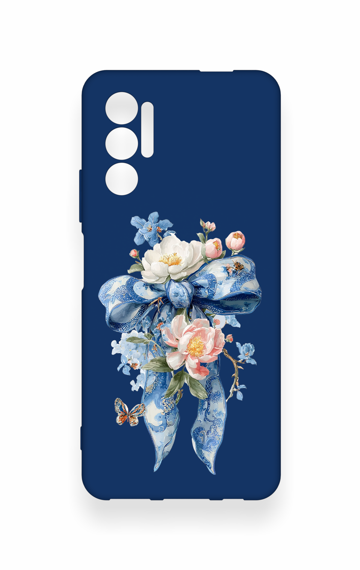 Tecno Pova 3 Uyumlu Mavi Kurdeleli Çiçek Desenli Silikon Kılıf