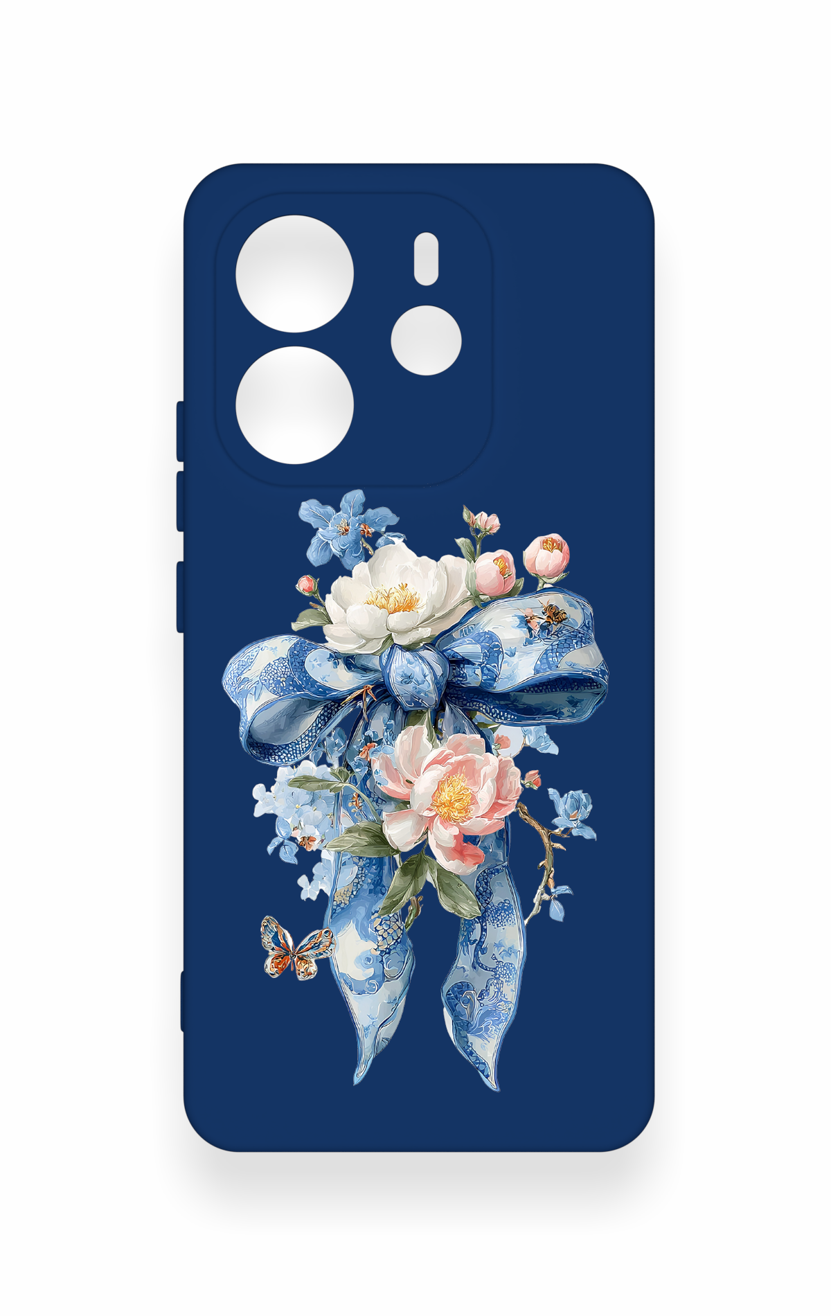 Redmi Note 14 4G Uyumlu Mavi Kurdeleli Çiçek Desenli Silikon Kılıf