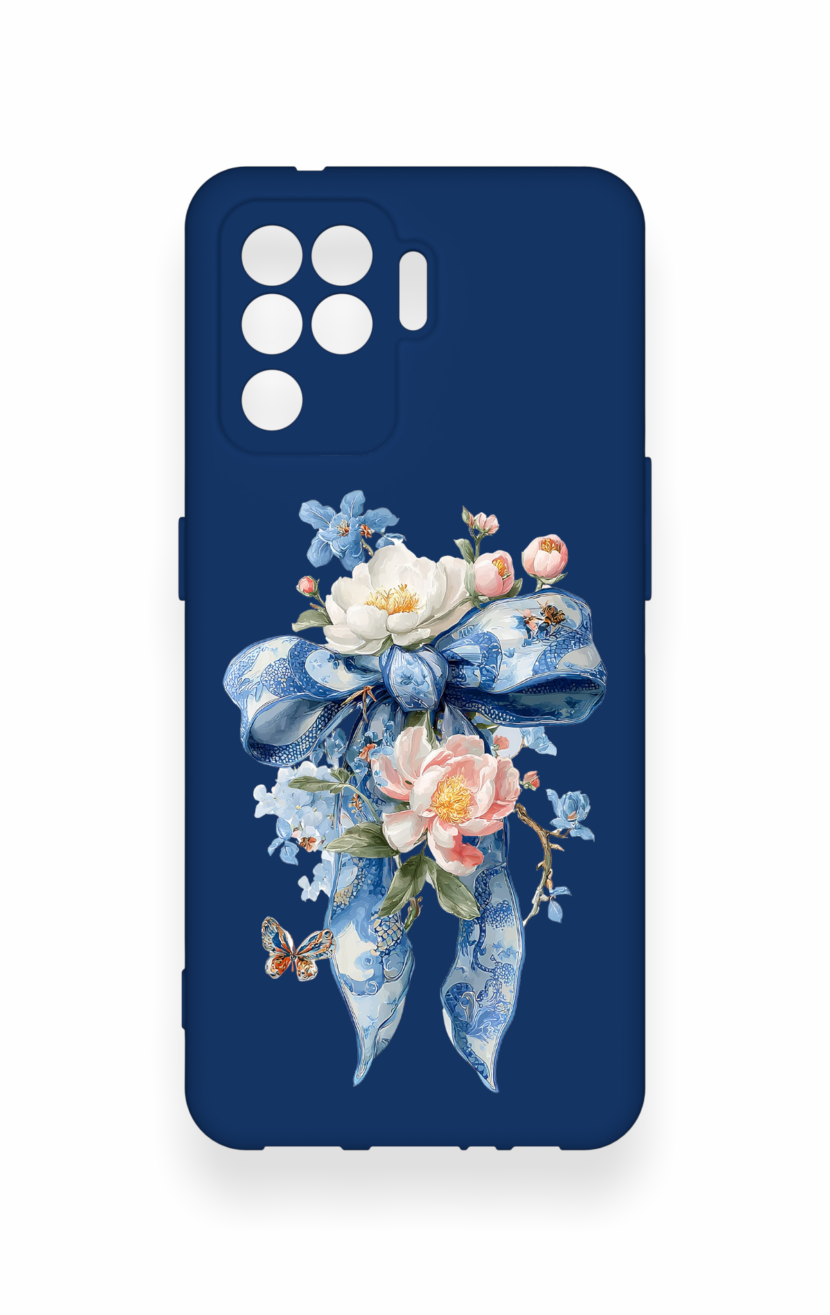 Oppo Reno 5 Lite Uyumlu Mavi Kurdeleli Çiçek Desenli Silikon Kılıf