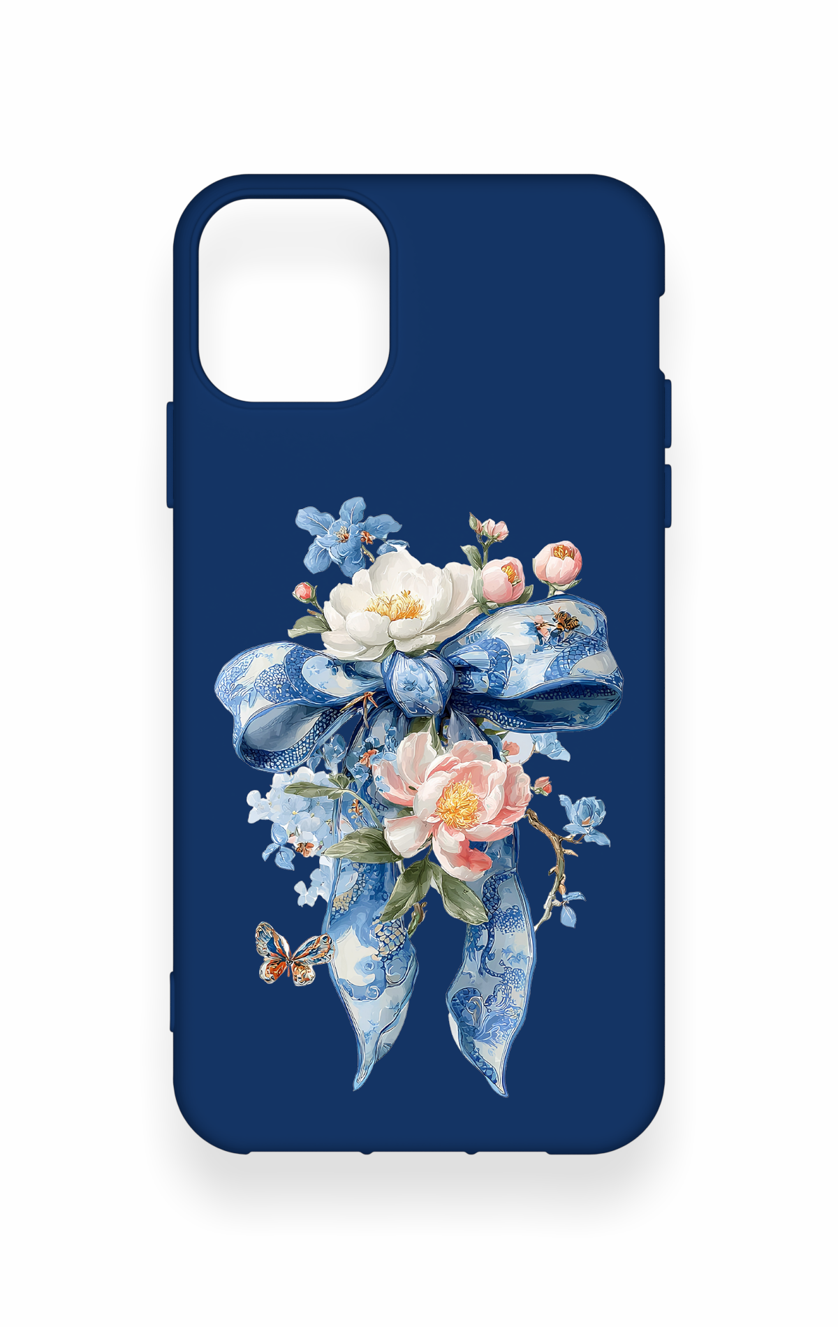 iPhone 11 Pro Max Uyumlu Mavi Kurdeleli Çiçek Desenli Silikon Kılıf