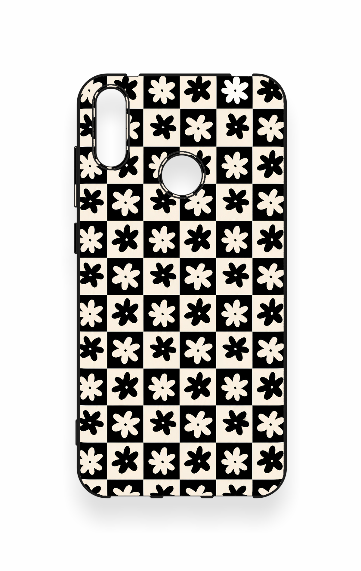 Huawei Y7 2019 Uyumlu Çiçek Motifli Dama Desenli Silikon Kılıf