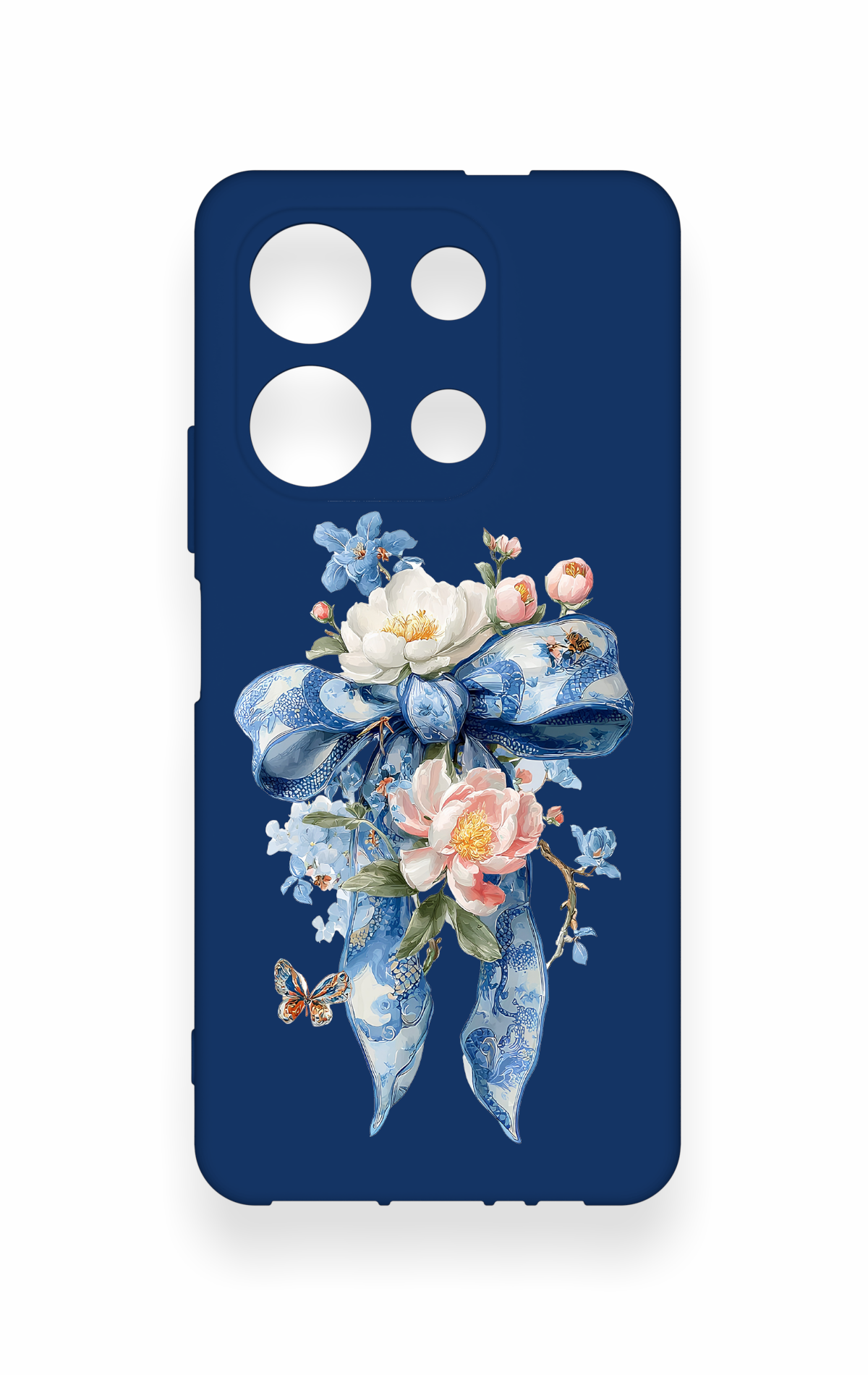 İnfinix Note 30 Uyumlu Mavi Kurdeleli Çiçek Desenli Silikon Kılıf