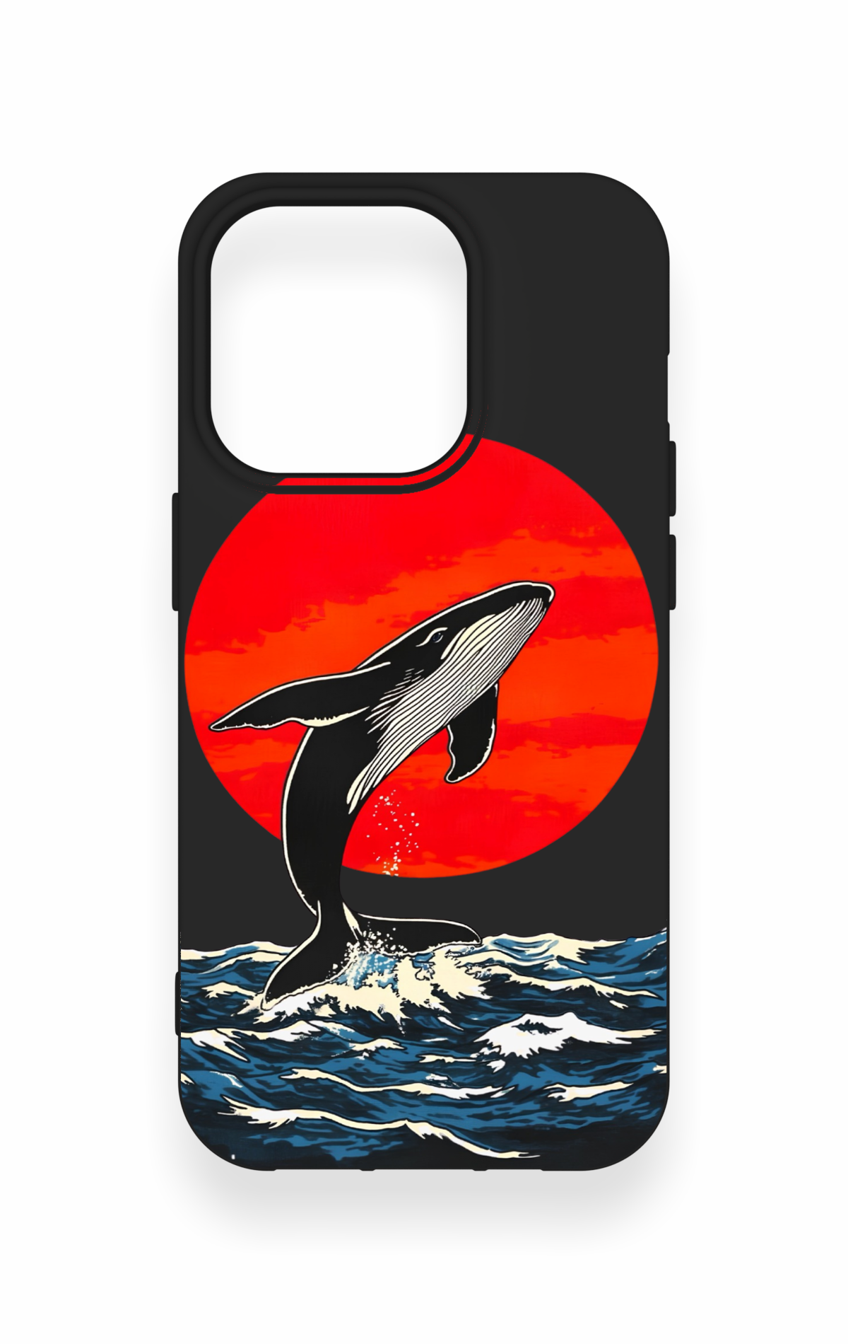 iPhone 14 Pro Uyumlu Kırmızı Güneş Balina Desenli Silikon Kılıf