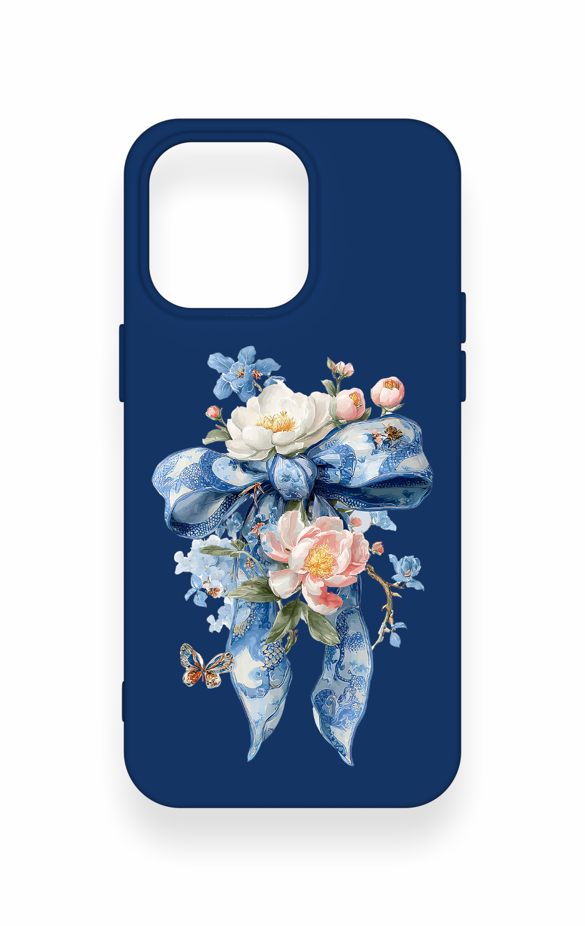 iPhone 15 Pro Max Uyumlu Mavi Kurdeleli Çiçek Desenli Silikon Kılıf