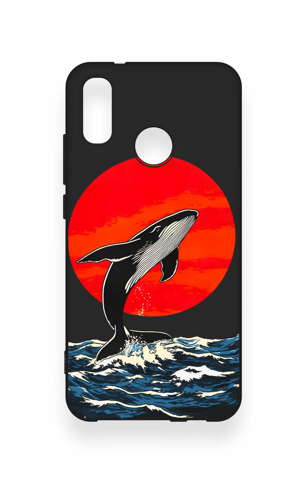 Huawei P20 Lite Uyumlu Kırmızı Güneş Balina Desenli Silikon Kılıf