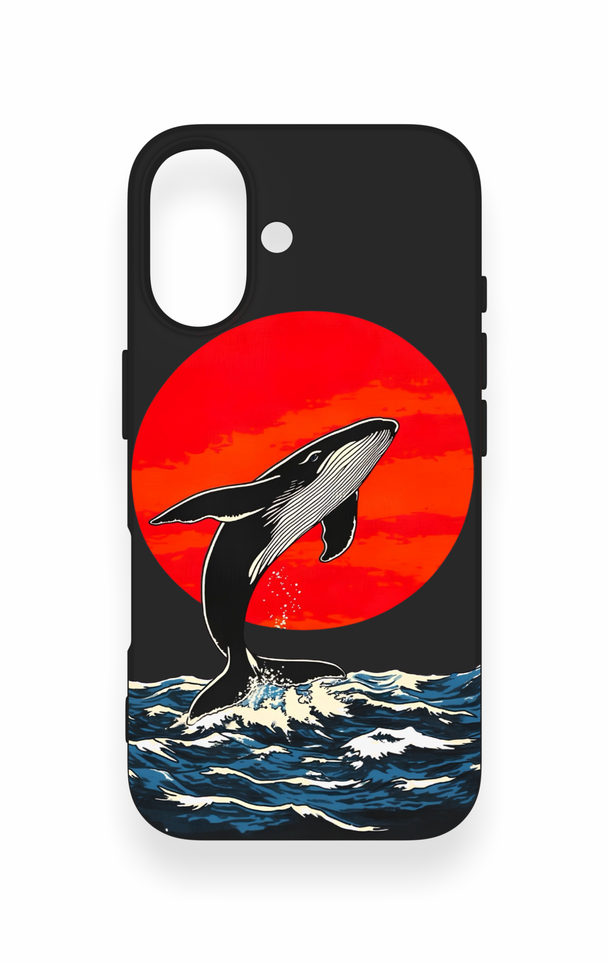 iPhone 16 Uyumlu Kırmızı Güneş Balina Desenli Silikon Kılıf
