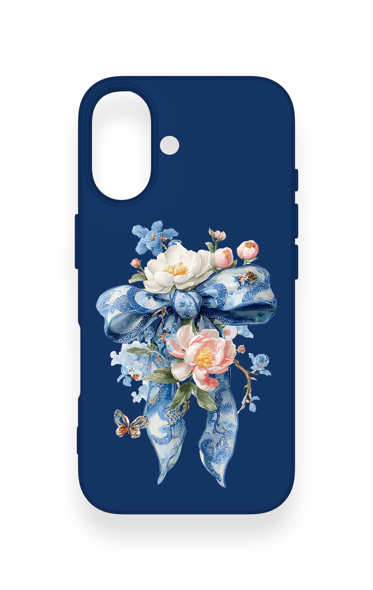 iPhone 16 Uyumlu Mavi Kurdeleli Çiçek Desenli Silikon Kılıf