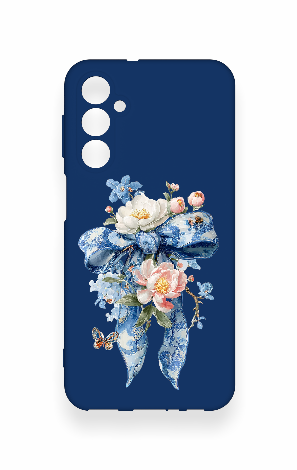 Samsung M34 Uyumlu Mavi Kurdeleli Çiçek Desenli Silikon Kılıf