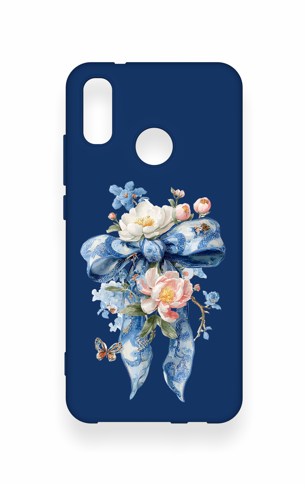 Huawei P20 Lite Uyumlu Mavi Kurdeleli Çiçek Desenli Silikon Kılıf