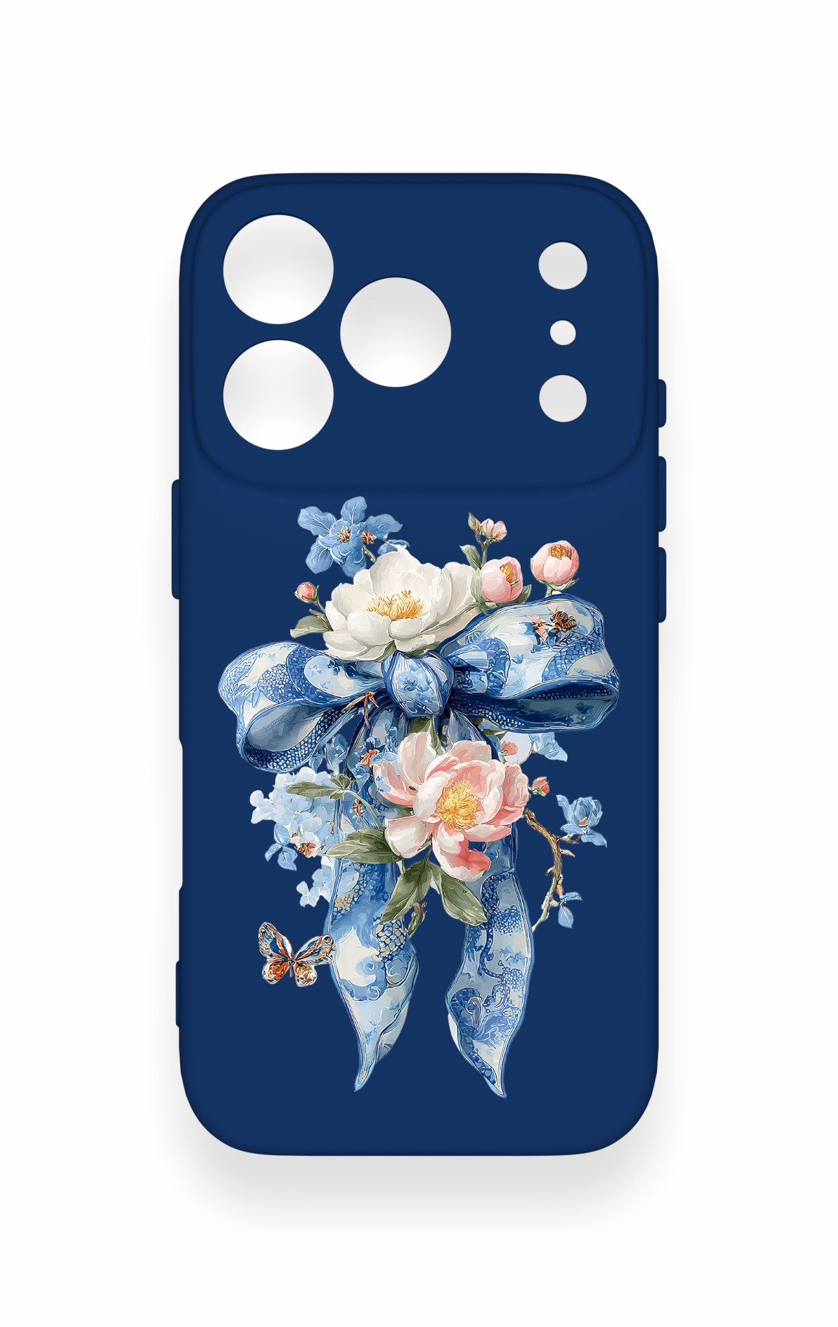 iPhone 17 Pro Uyumlu Mavi Kurdeleli Çiçek Desenli Silikon Kılıf