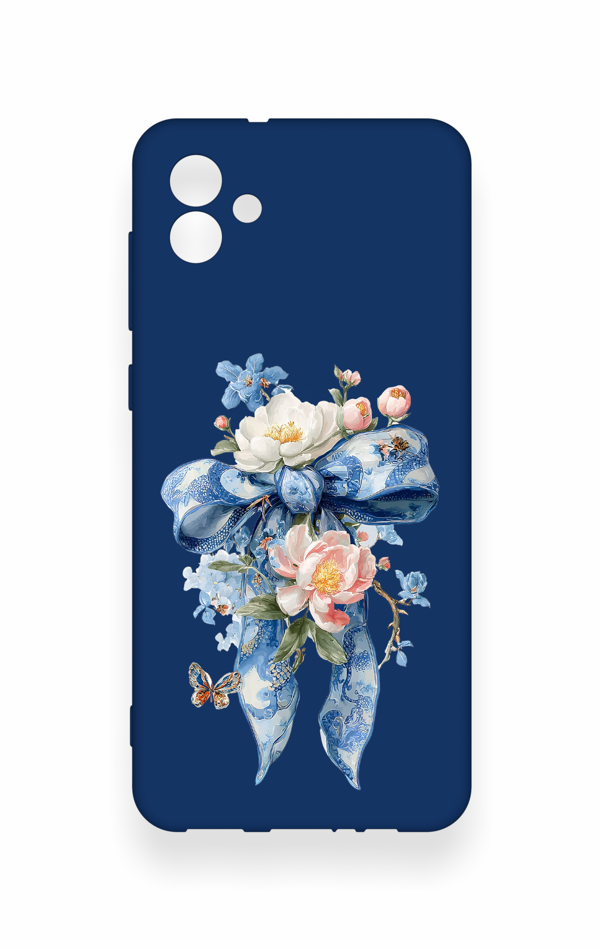 Samsung A04 Uyumlu Mavi Kurdeleli Çiçek Desenli Silikon Kılıf