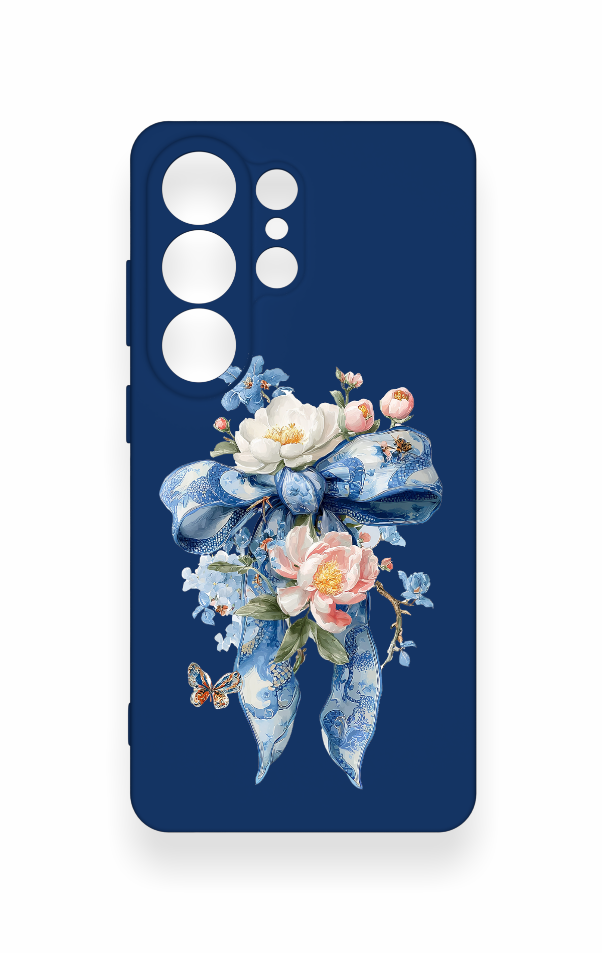 Samsung S26 Ultra Uyumlu Mavi Kurdeleli Çiçek Desenli Silikon Kılıf