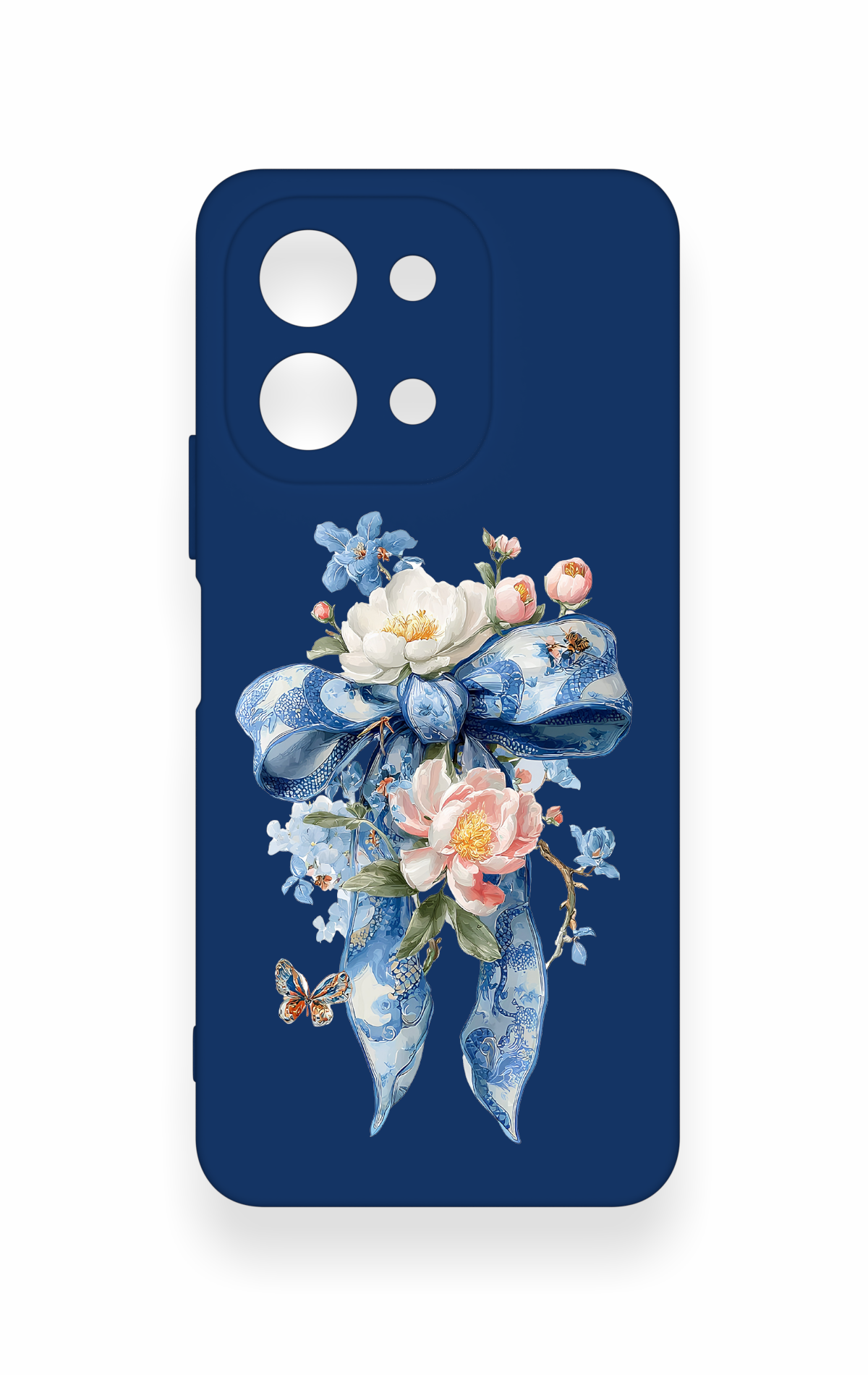 Vivo Y28 Uyumlu Mavi Kurdeleli Çiçek Desenli Silikon Kılıf