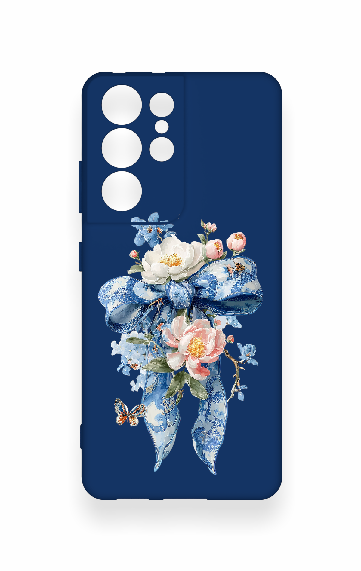 Samsung S21 Ultra Uyumlu Mavi Kurdeleli Çiçek Desenli Silikon Kılıf
