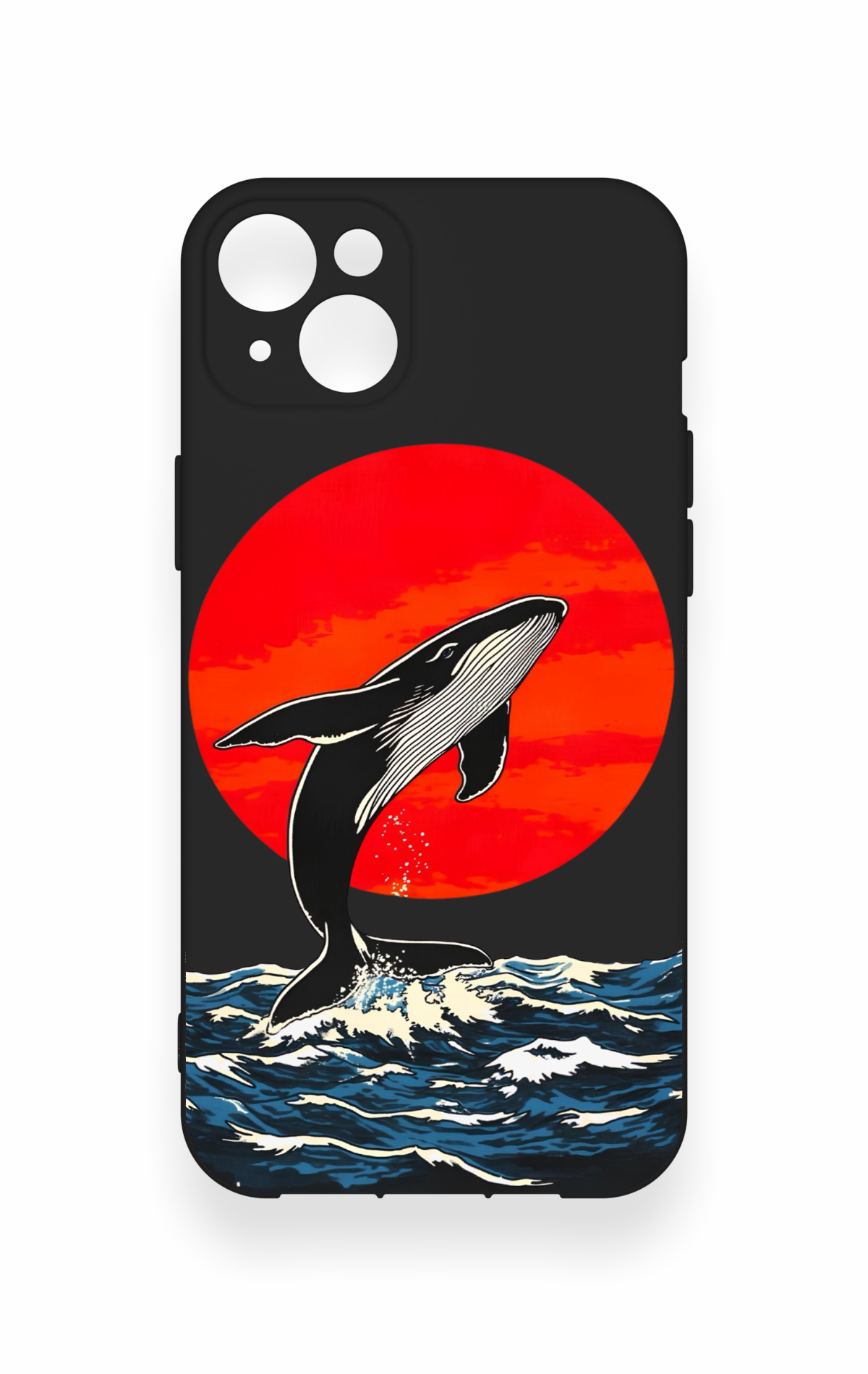 iPhone 14 Plus/15 Plus Uyumlu Kırmızı Güneş Balina Desenli Silikon Kılıf