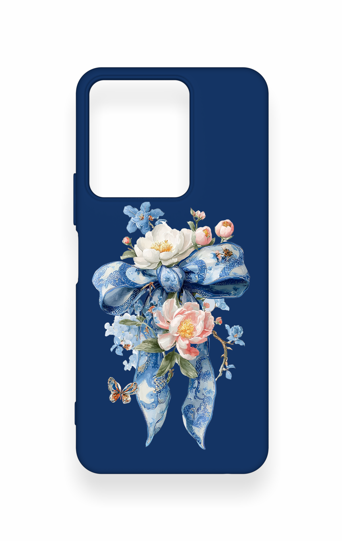 Vivo Y35 Uyumlu Mavi Kurdeleli Çiçek Desenli Silikon Kılıf