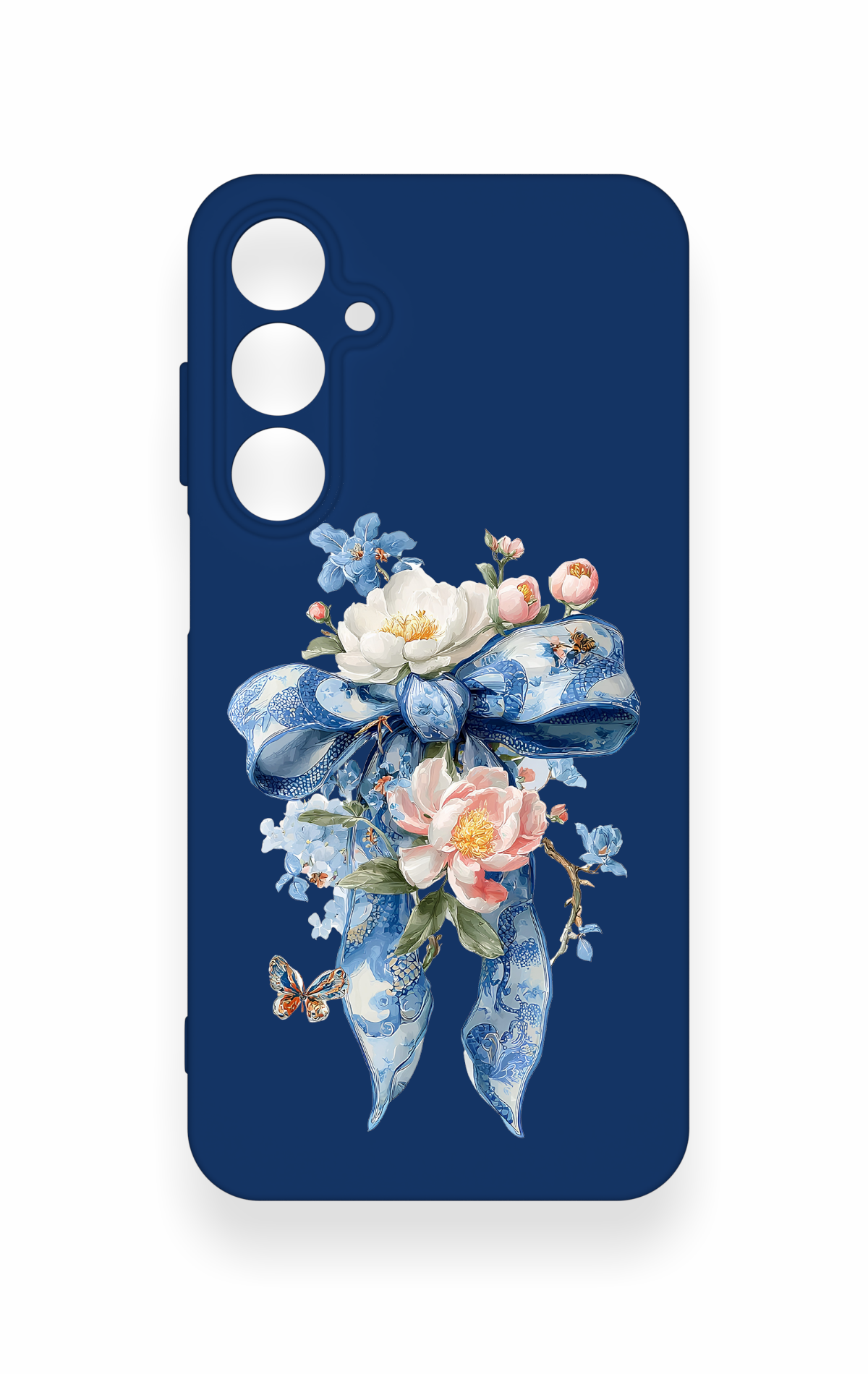 Samsung A55 Uyumlu Mavi Kurdeleli Çiçek Desenli Silikon Kılıf