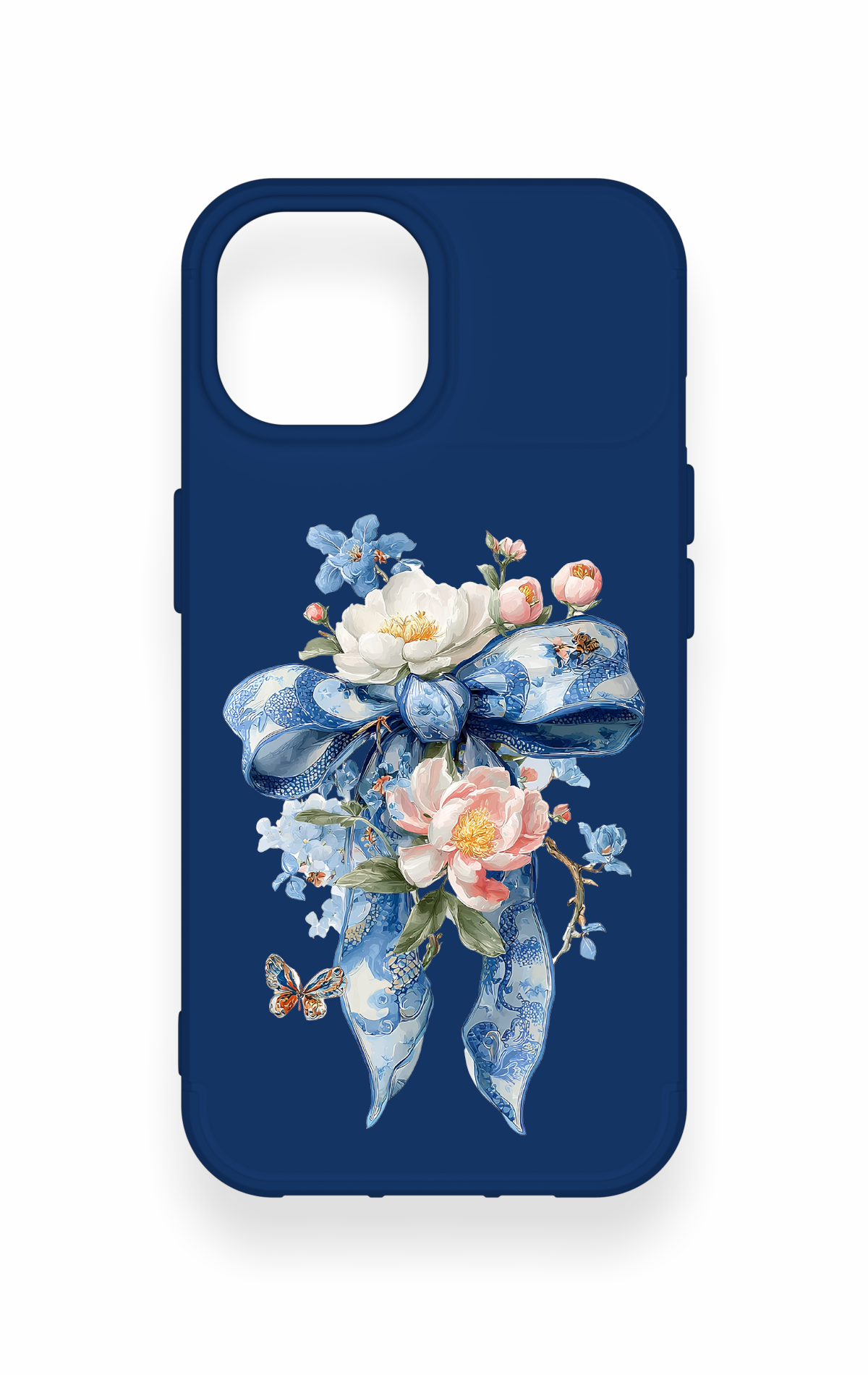 iPhone 15 Uyumlu Mavi Kurdeleli Çiçek Desenli Silikon Kılıf
