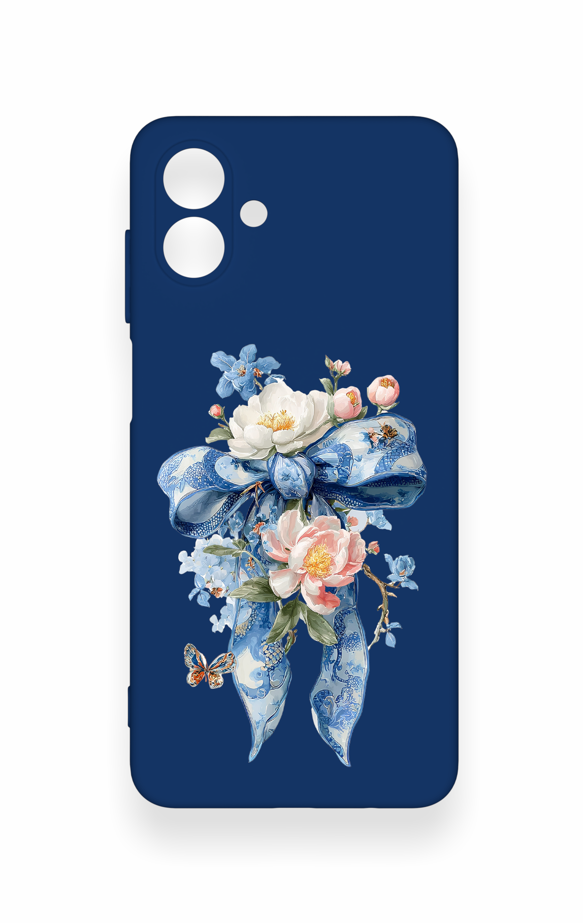 Samsung A07 Uyumlu Mavi Kurdeleli Çiçek Desenli Silikon Kılıf