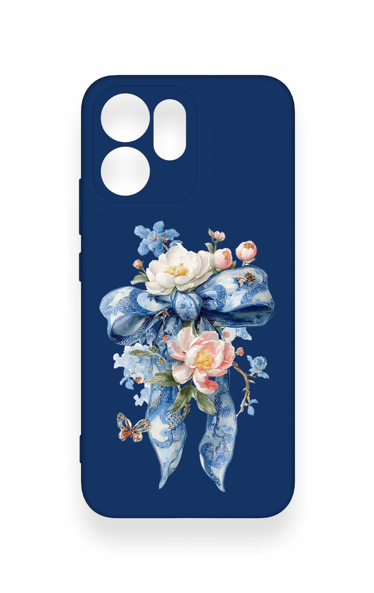 Oppo Reno 14F Uyumlu Mavi Kurdeleli Çiçek Desenli Silikon Kılıf