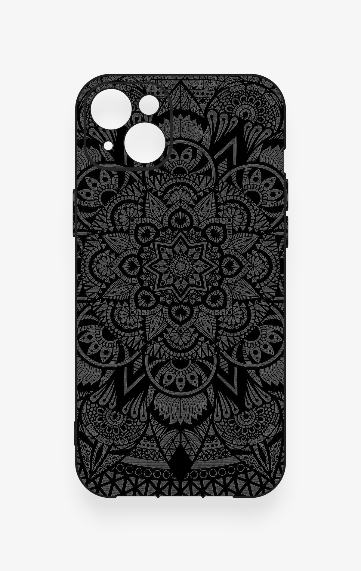 iPhone 14 Plus/15 Plus Uyumlu Siyah Beyaz Mandala Desenli Silikon Kılıf