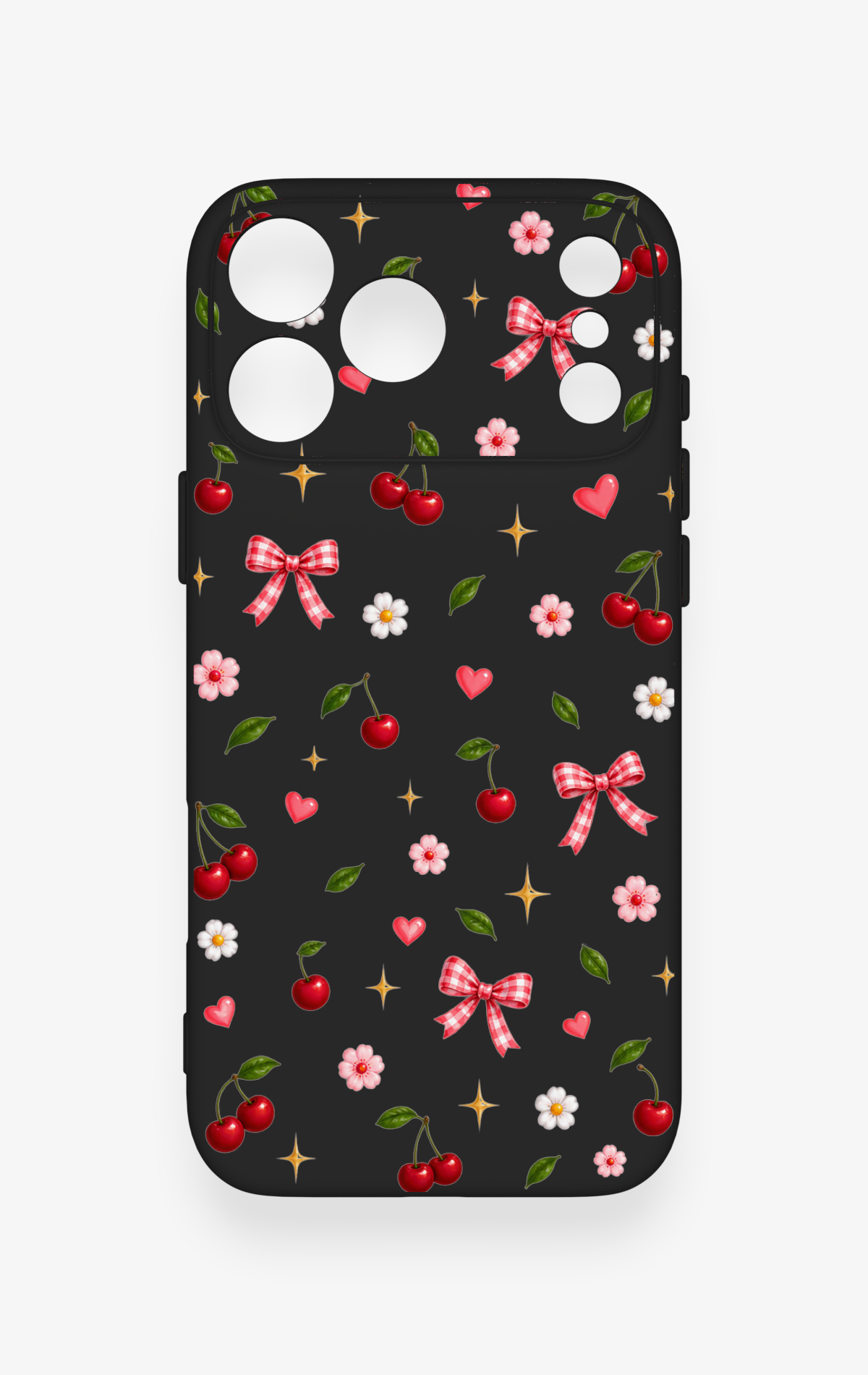 iPhone 17 Pro Max Uyumlu Papatya Kiraz Fiyonk Desenli Silikon Kılıf